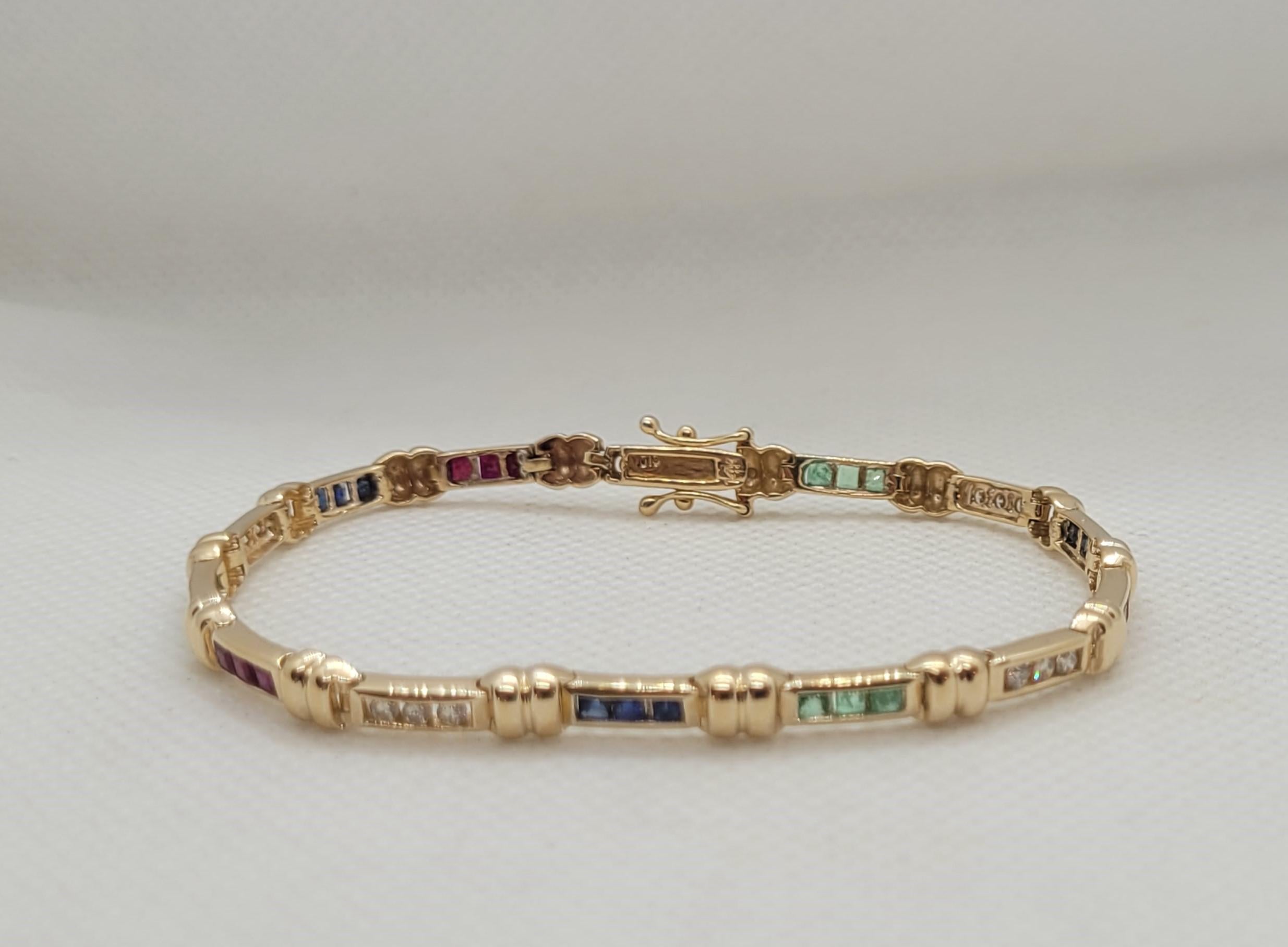 14kt Gelbgold Mehrstein-Diamant-Armband Smaragd-Saphir-Rubin-Tennis Tennis im Zustand „Gut“ im Angebot in Rancho Santa Fe, CA