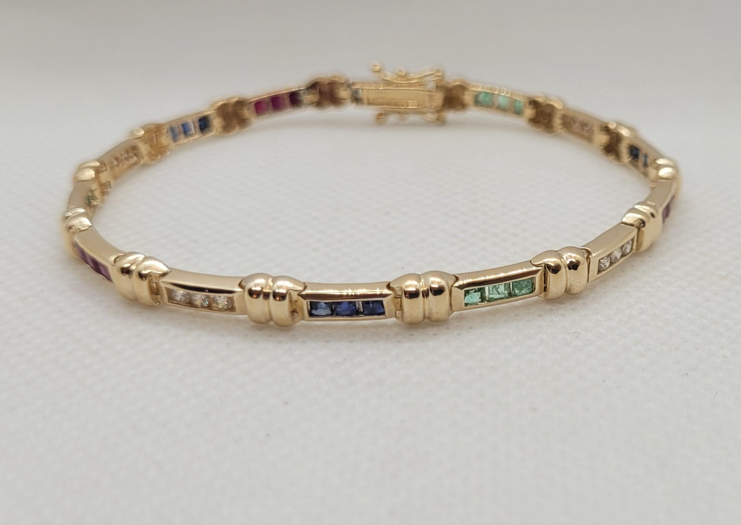 14kt Gelbgold Mehrstein-Diamant-Armband Smaragd-Saphir-Rubin-Tennis Tennis im Angebot 3