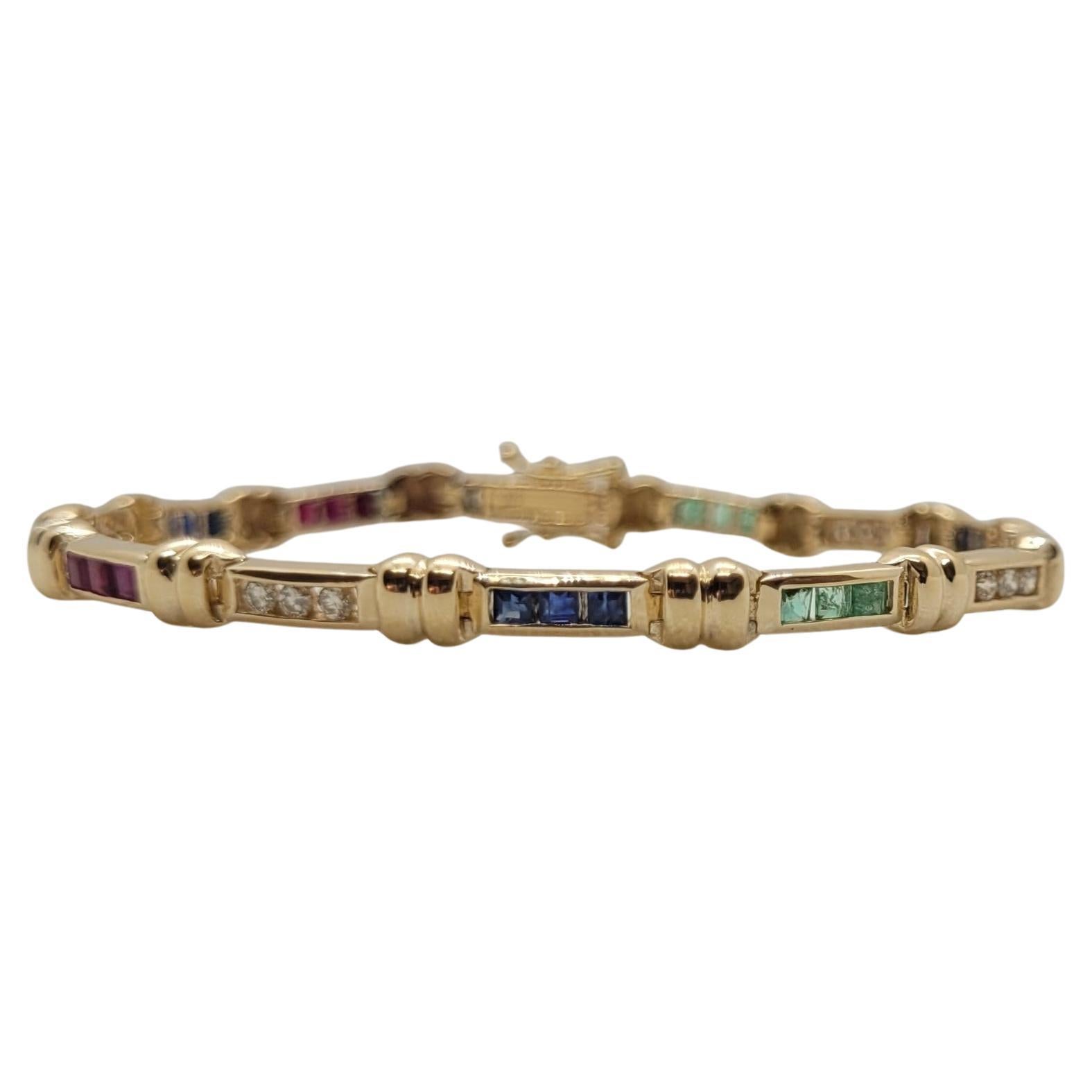 14kt Gelbgold Mehrstein-Diamant-Armband Smaragd-Saphir-Rubin-Tennis Tennis im Angebot