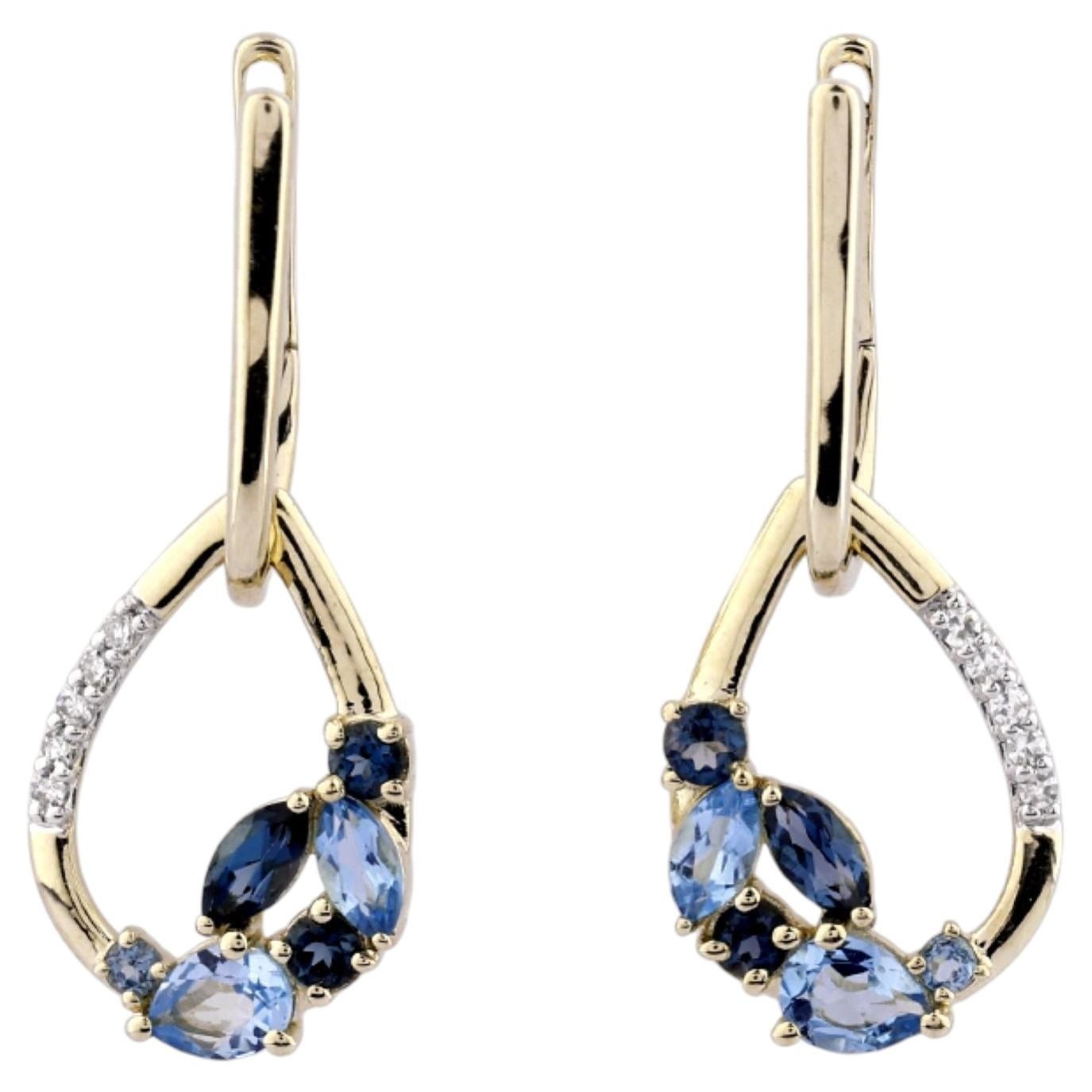 14KT Yellow Gold Multi-Shade Blue Topaz and Diamond Drop Earrings