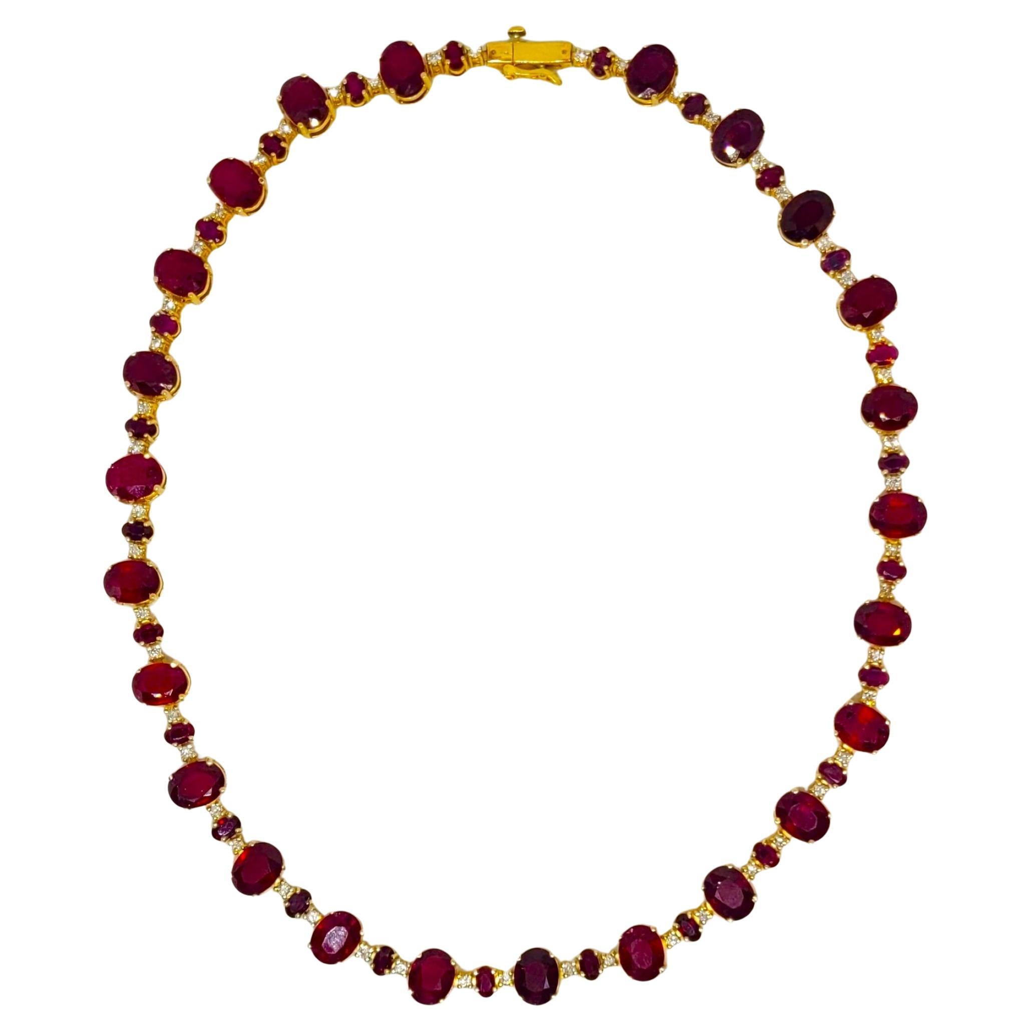 14kt Yellow Gold Natural 52.00cttw Ruby & 1.75cttw Diamond Necklace, 17in, 46 gr