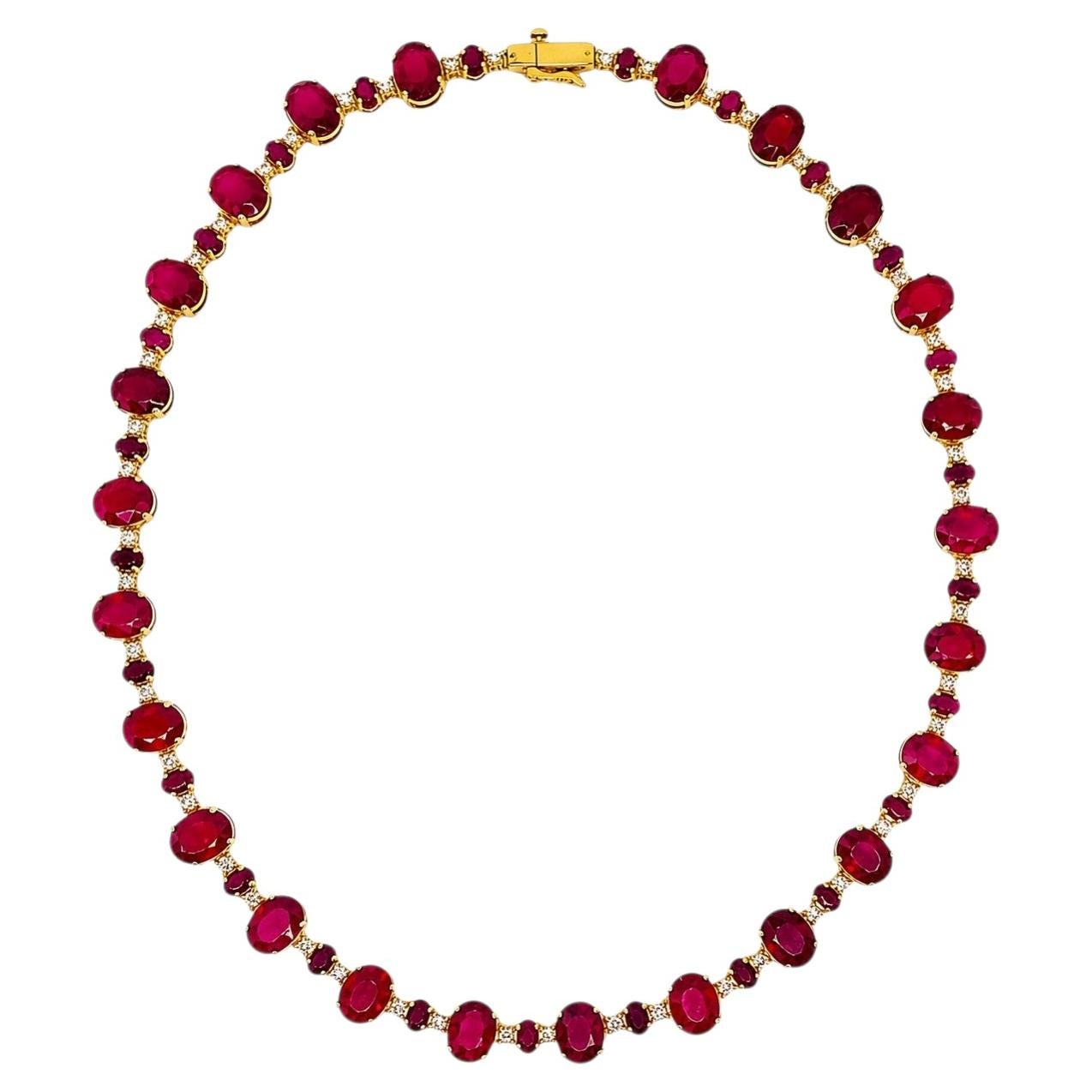 14kt Yellow Gold Natural Ruby 52.00cttw & 1.75cttw Diamond Necklace, 17in, 46 gr