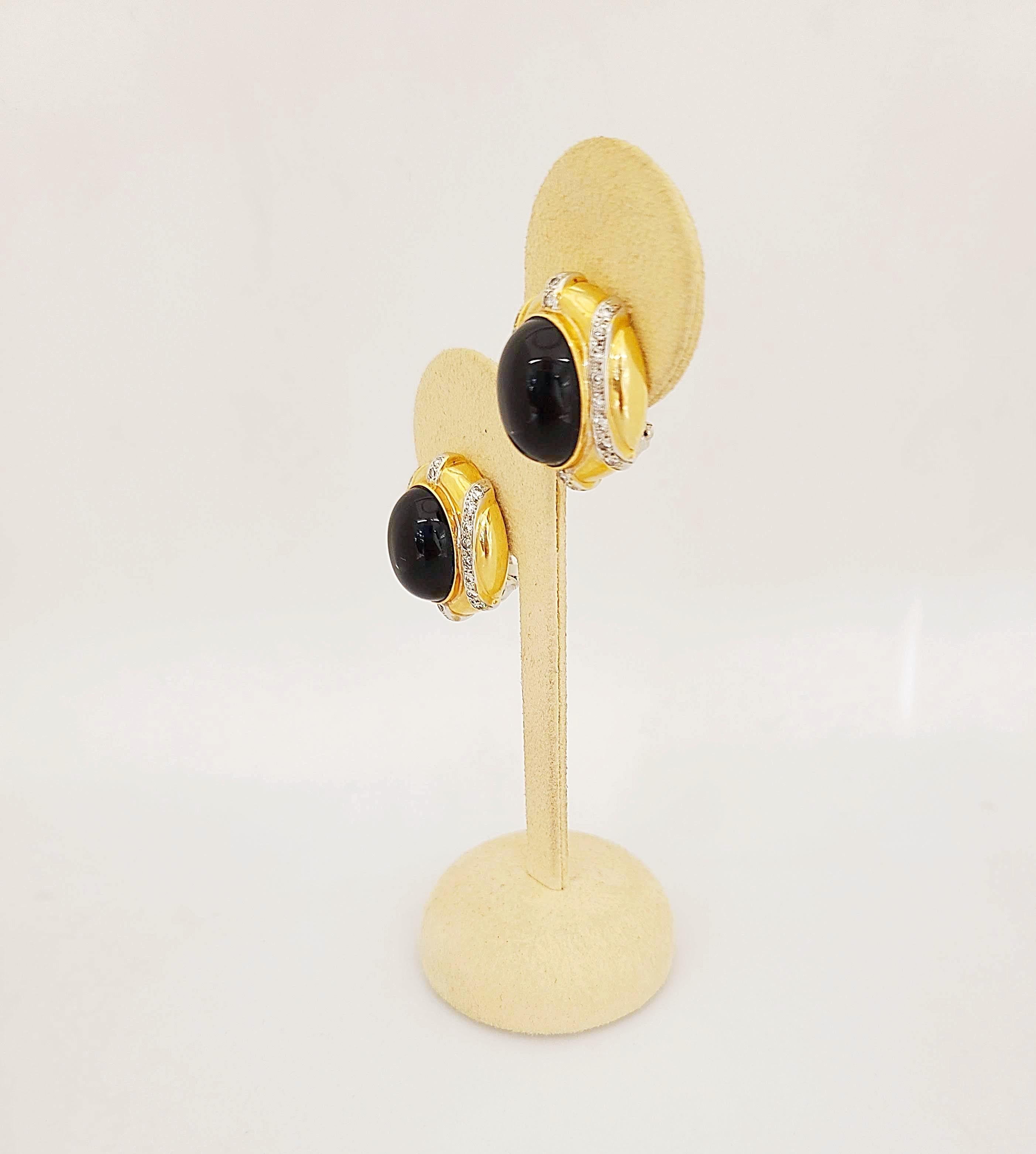 Oval Cut 14 Karat Yellow Gold, Onyx and 0.55 Carat Diamond Earrings For Sale