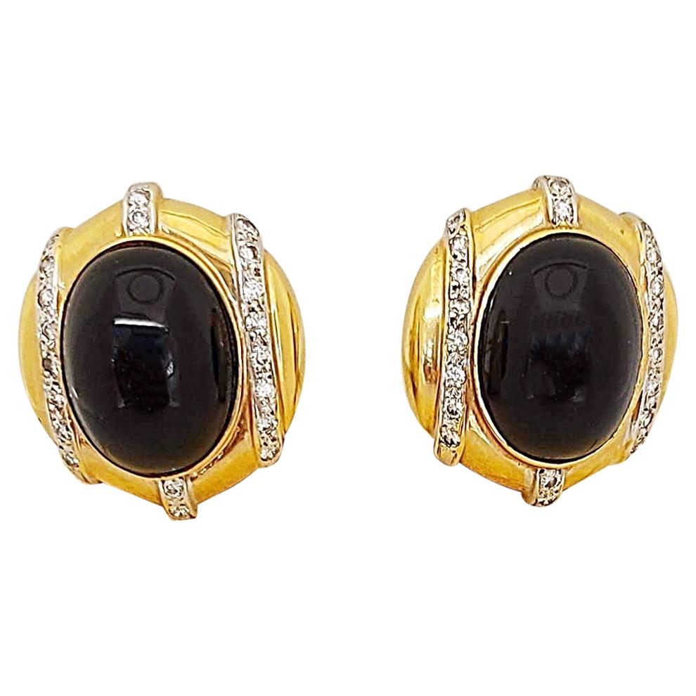 14 Karat Yellow Gold, Onyx and 0.55 Carat Diamond Earrings For Sale