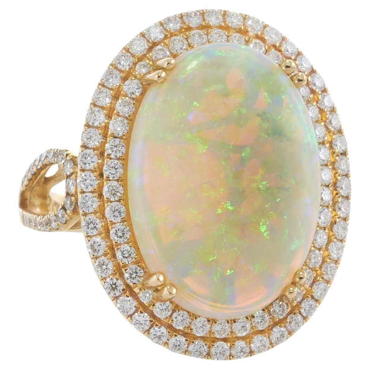 14KT Yellow Gold Opal and Diamond Double-Halo Ring For Sale