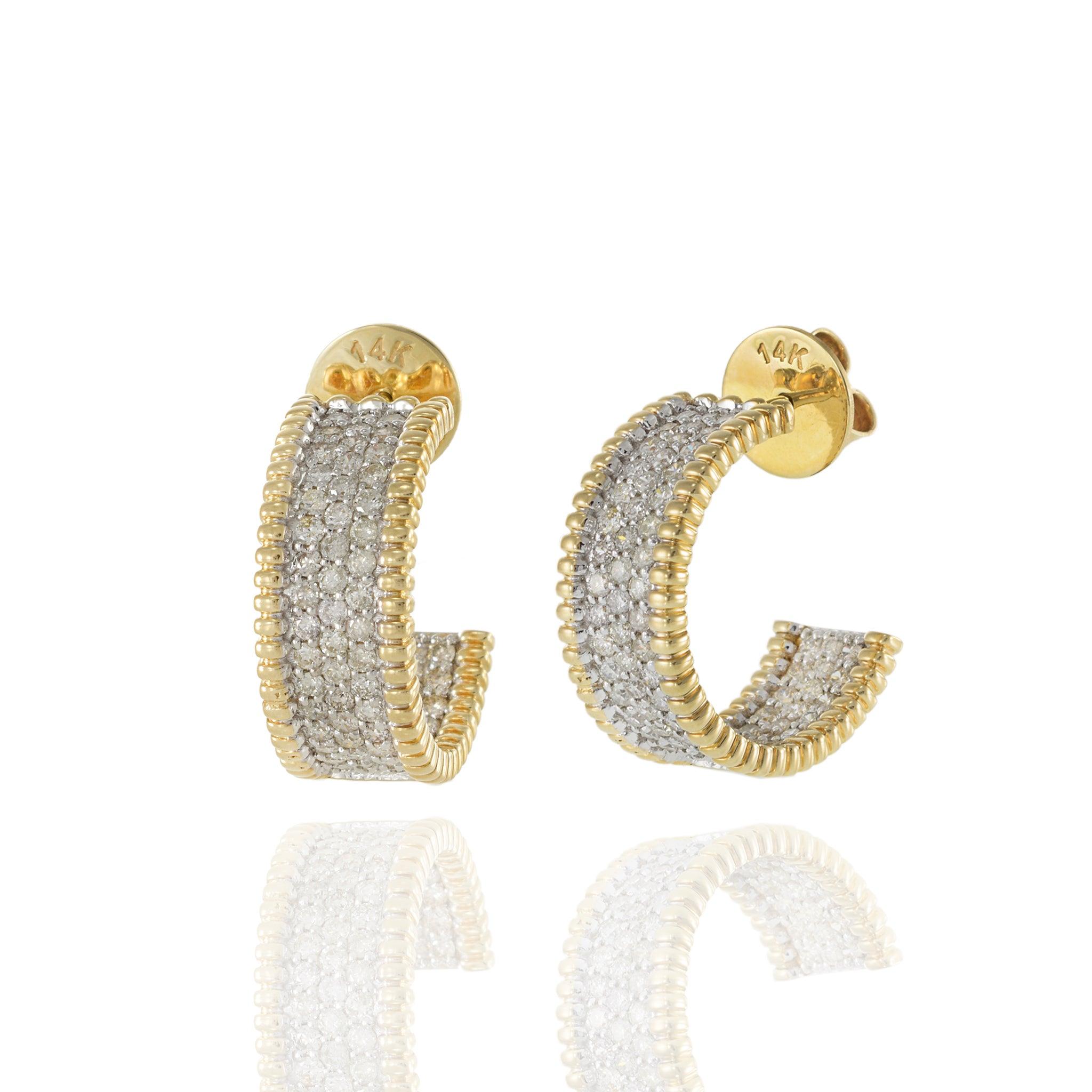 Modern 14KT Yellow Gold Open Diamond Huggie Earrings For Sale