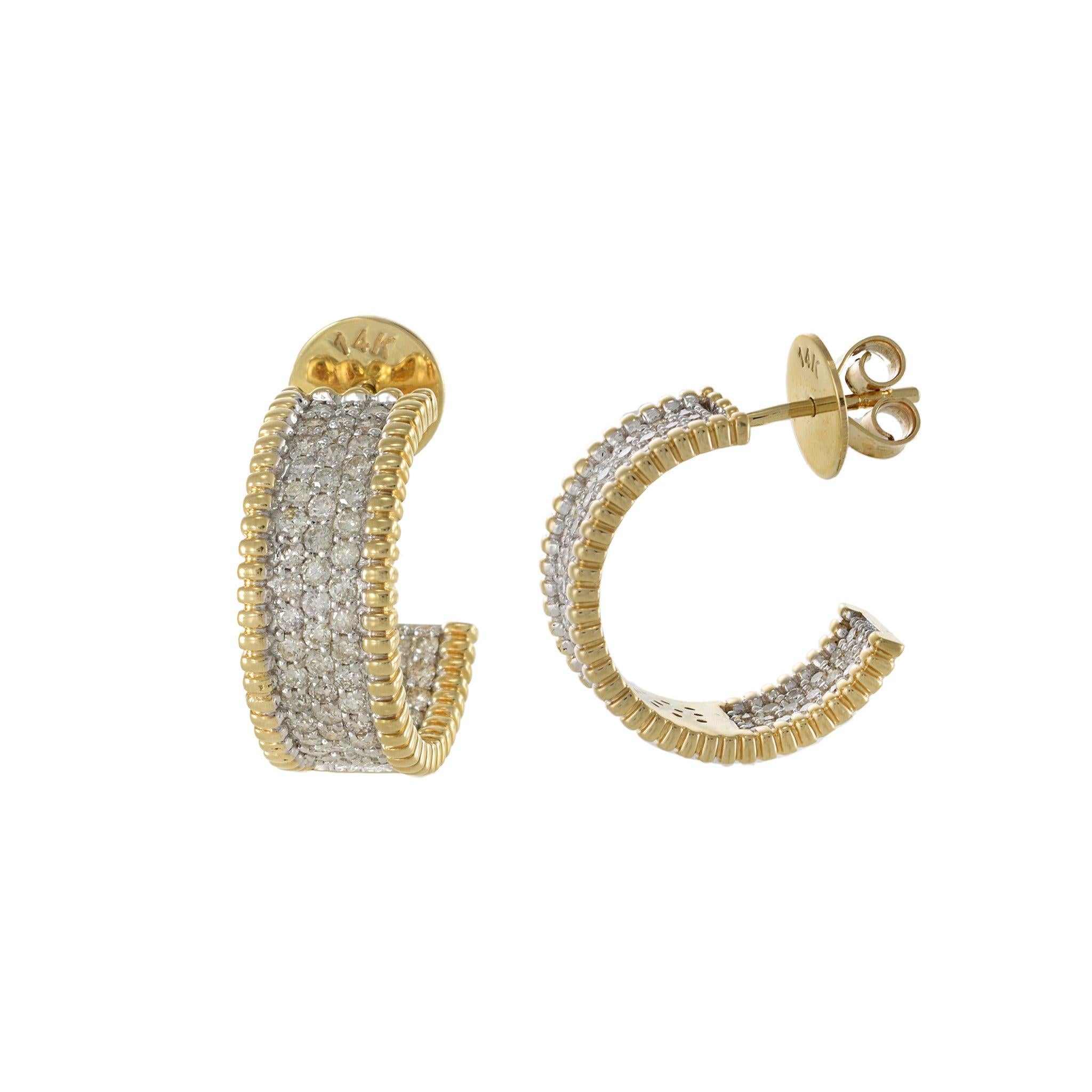 Round Cut 14KT Yellow Gold Open Diamond Huggie Earrings For Sale