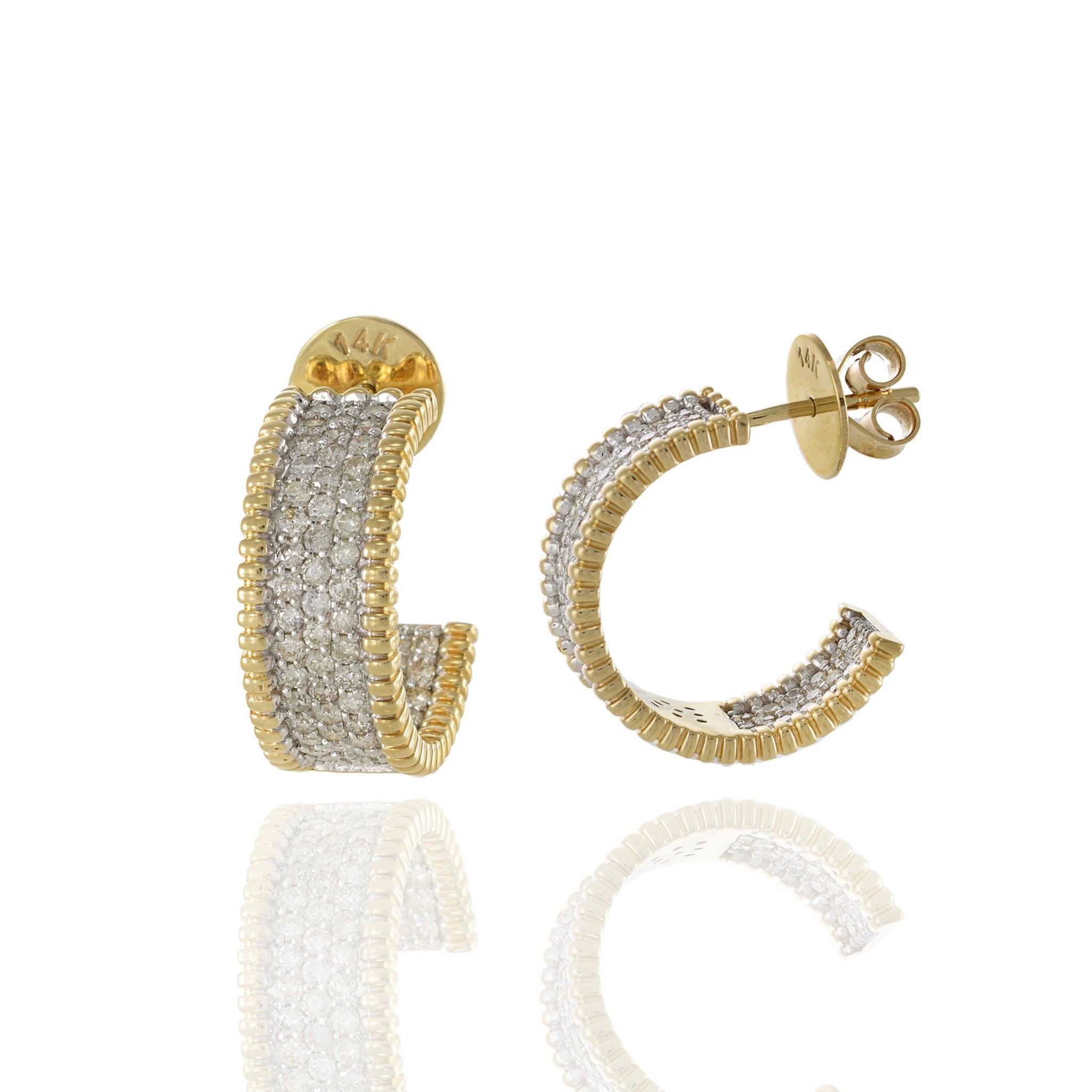 14KT Yellow Gold Open Diamond Huggie Earrings In New Condition For Sale In New York, NY