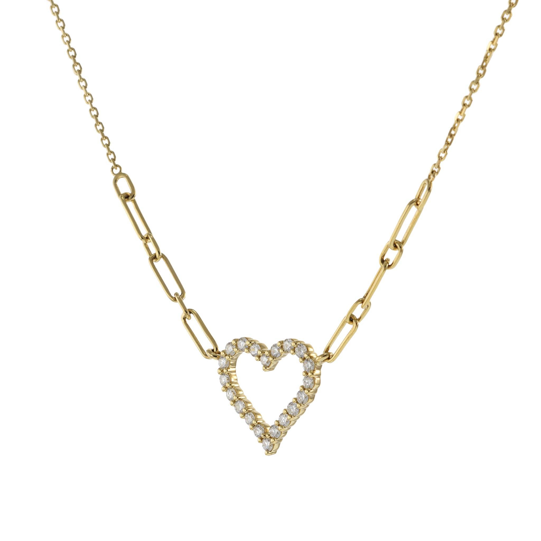 Moderne Collier en or jaune 14 carats avec diamants en forme de cœur ouvert sur chaîne Paperclip en vente