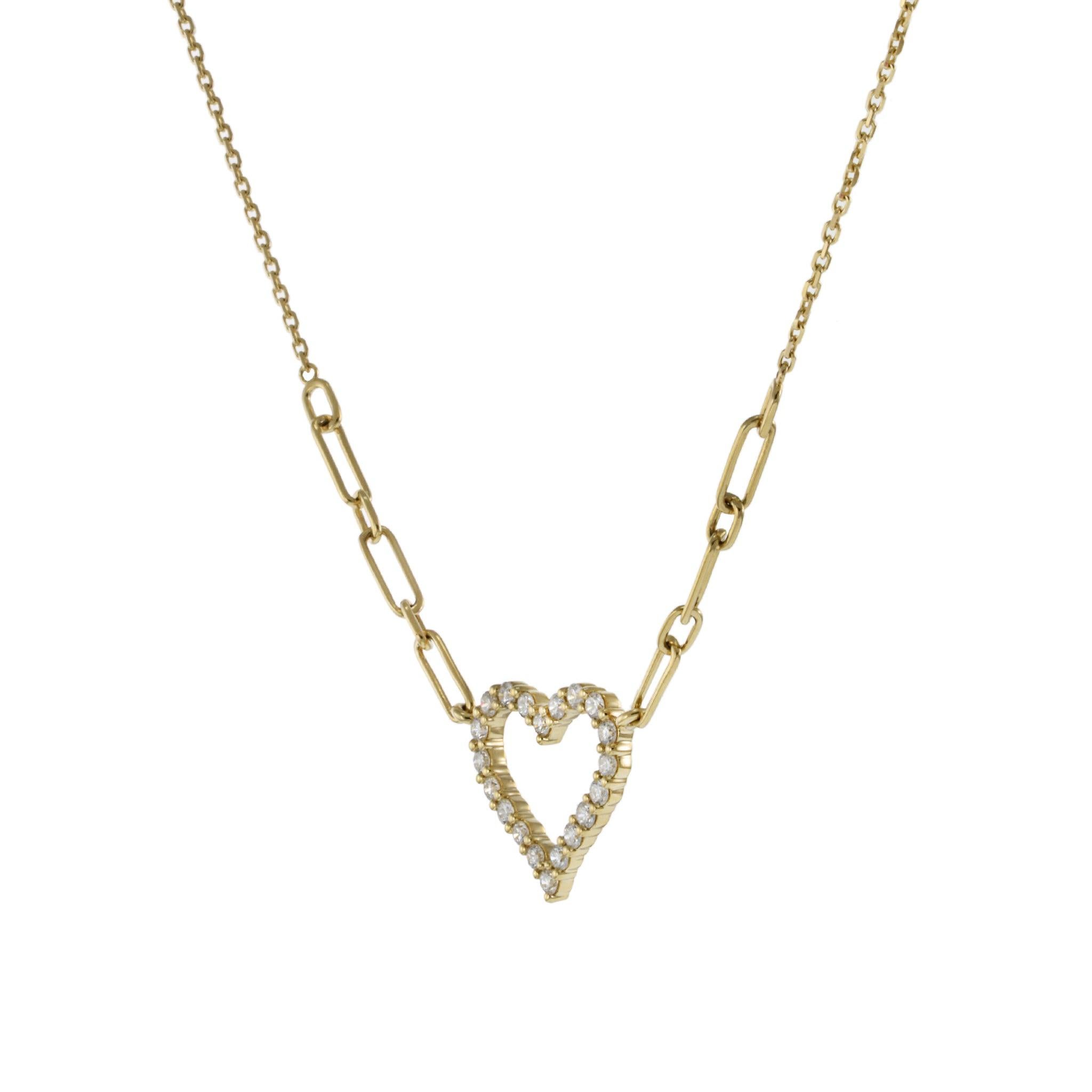 Taille ronde Collier en or jaune 14 carats avec diamants en forme de cœur ouvert sur chaîne Paperclip en vente