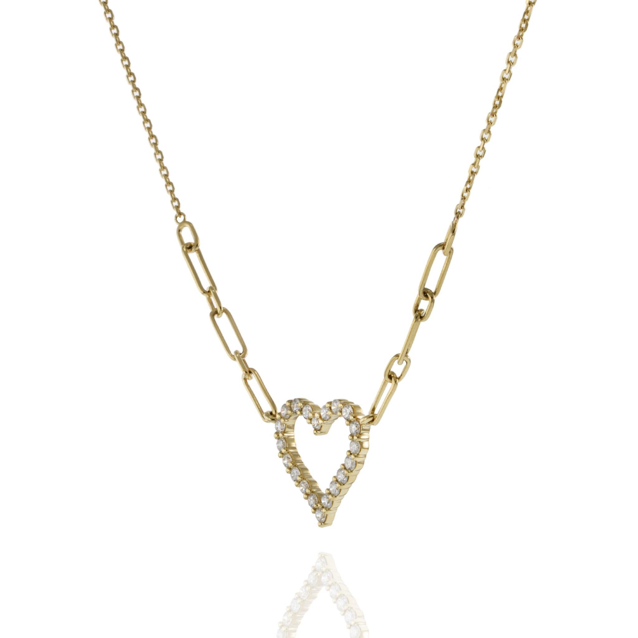 Collier en or jaune 14 carats avec diamants en forme de cœur ouvert sur chaîne Paperclip Neuf - En vente à New York, NY