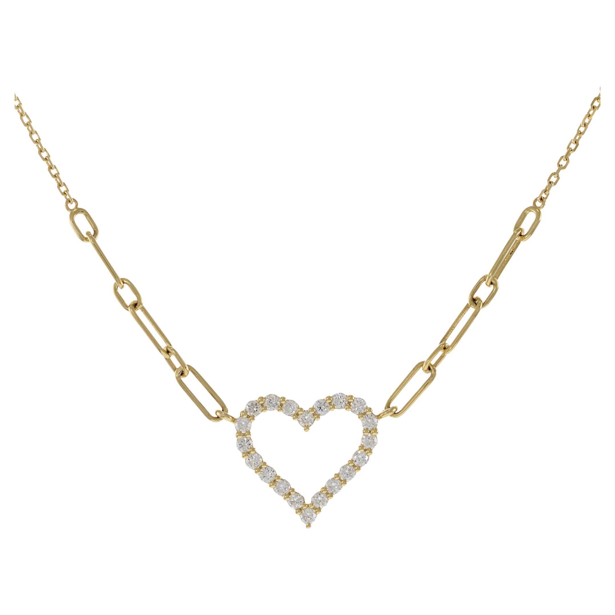 14KT Gelbgold Offene Herz-Diamant-Halskette auf Papierklammerkette