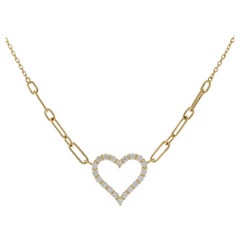 14KT Yellow Gold Open Heart Diamond Necklace on Paperclip Chain