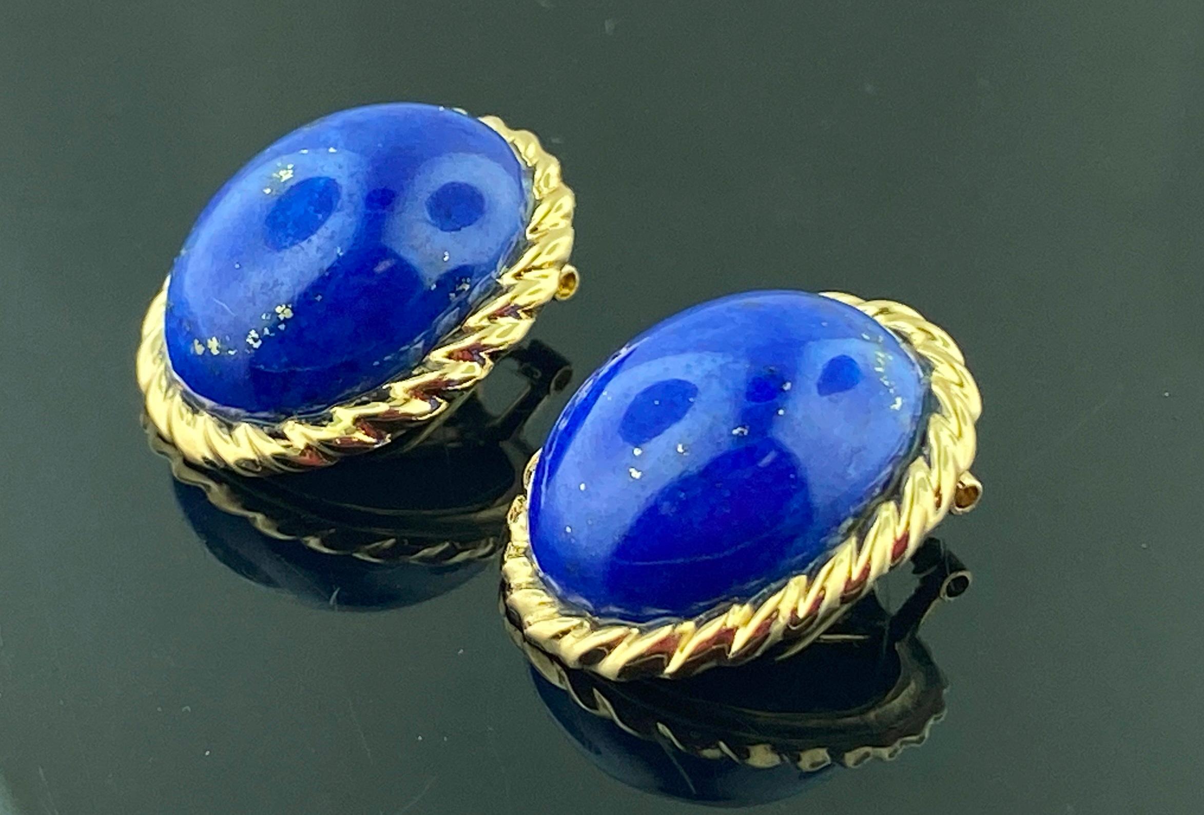 Oval Cut 14KT Yellow Gold Oval Cabochon Lapis Lazuli Earrings