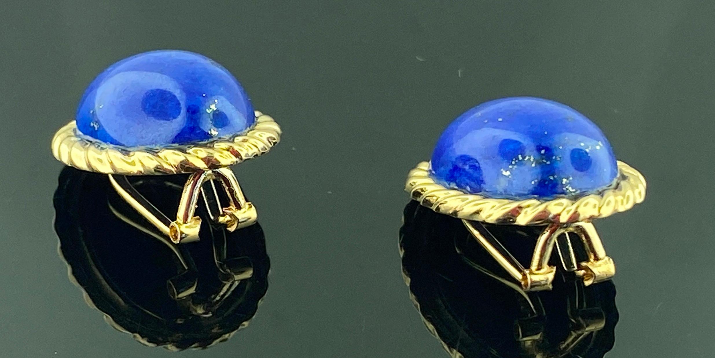 14KT Yellow Gold Oval Cabochon Lapis Lazuli Earrings In Excellent Condition In Palm Desert, CA