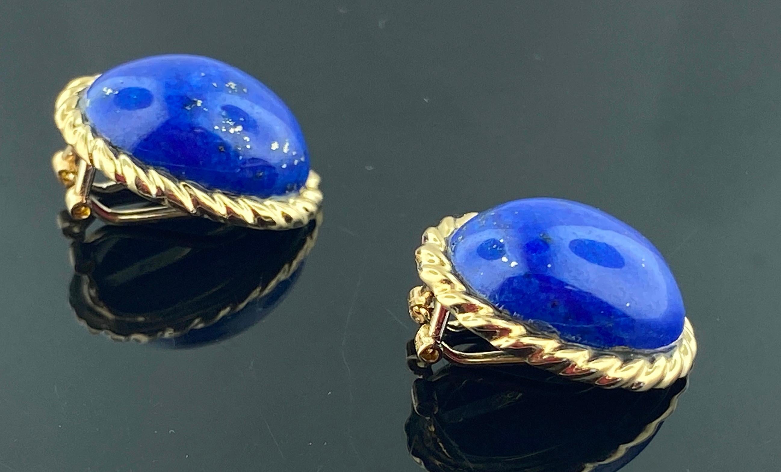 Women's or Men's 14KT Yellow Gold Oval Cabochon Lapis Lazuli Earrings