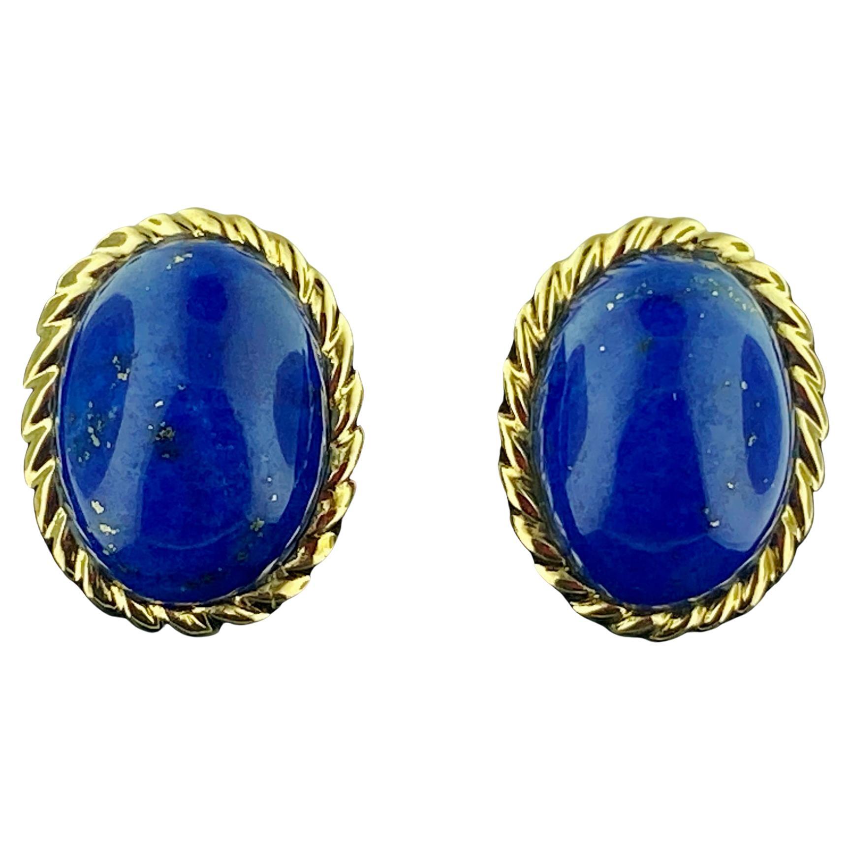 14KT Yellow Gold Oval Cabochon Lapis Lazuli Earrings