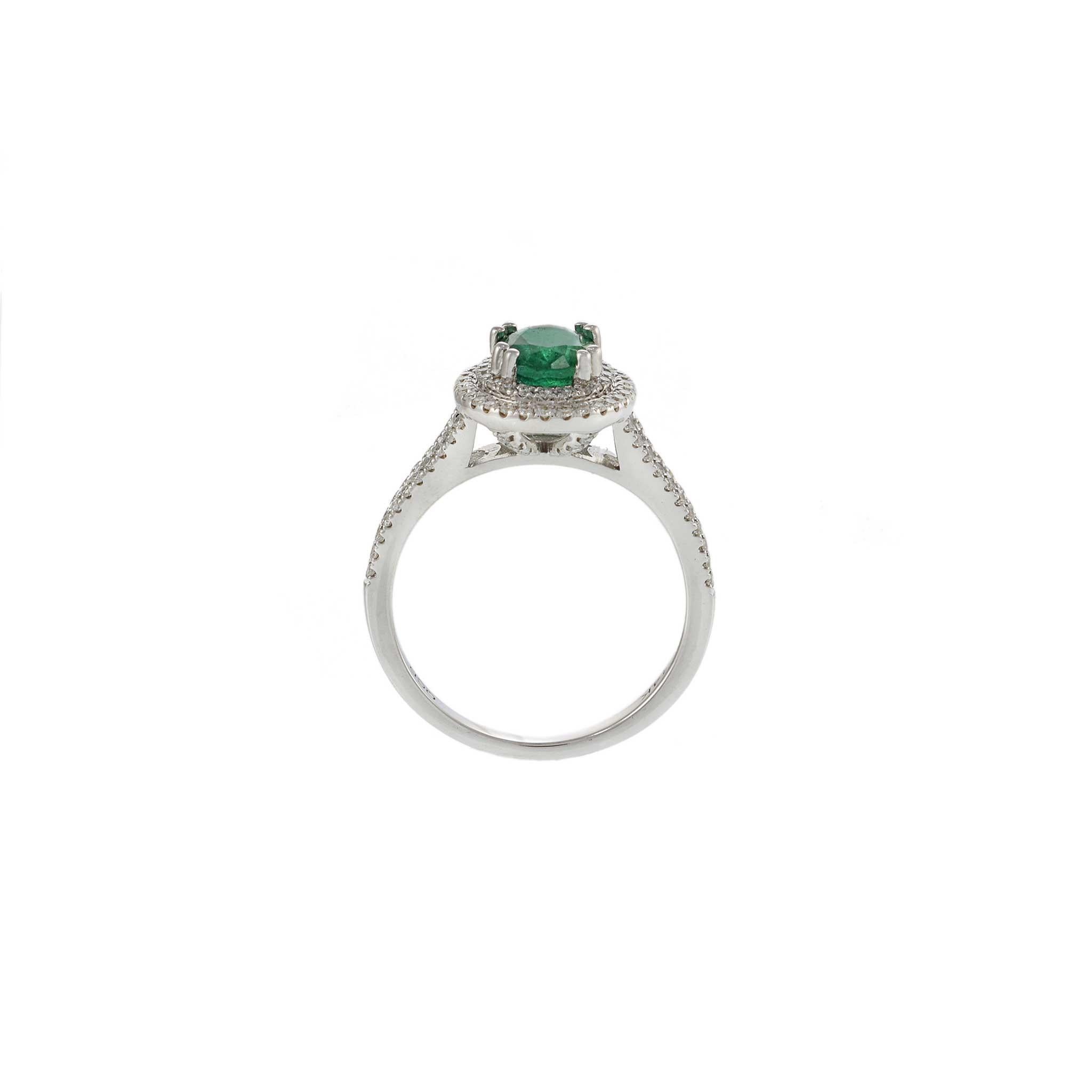 14KT Yellow Gold Oval Cut Emerald and Diamond Double Halo Ring In New Condition For Sale In New York, NY