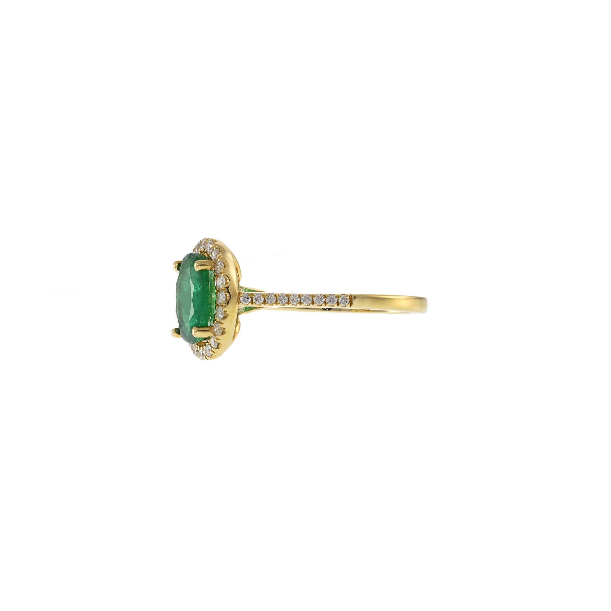 Modern 14KT Yellow Gold Oval Cut Emerald and Diamond Halo Ring