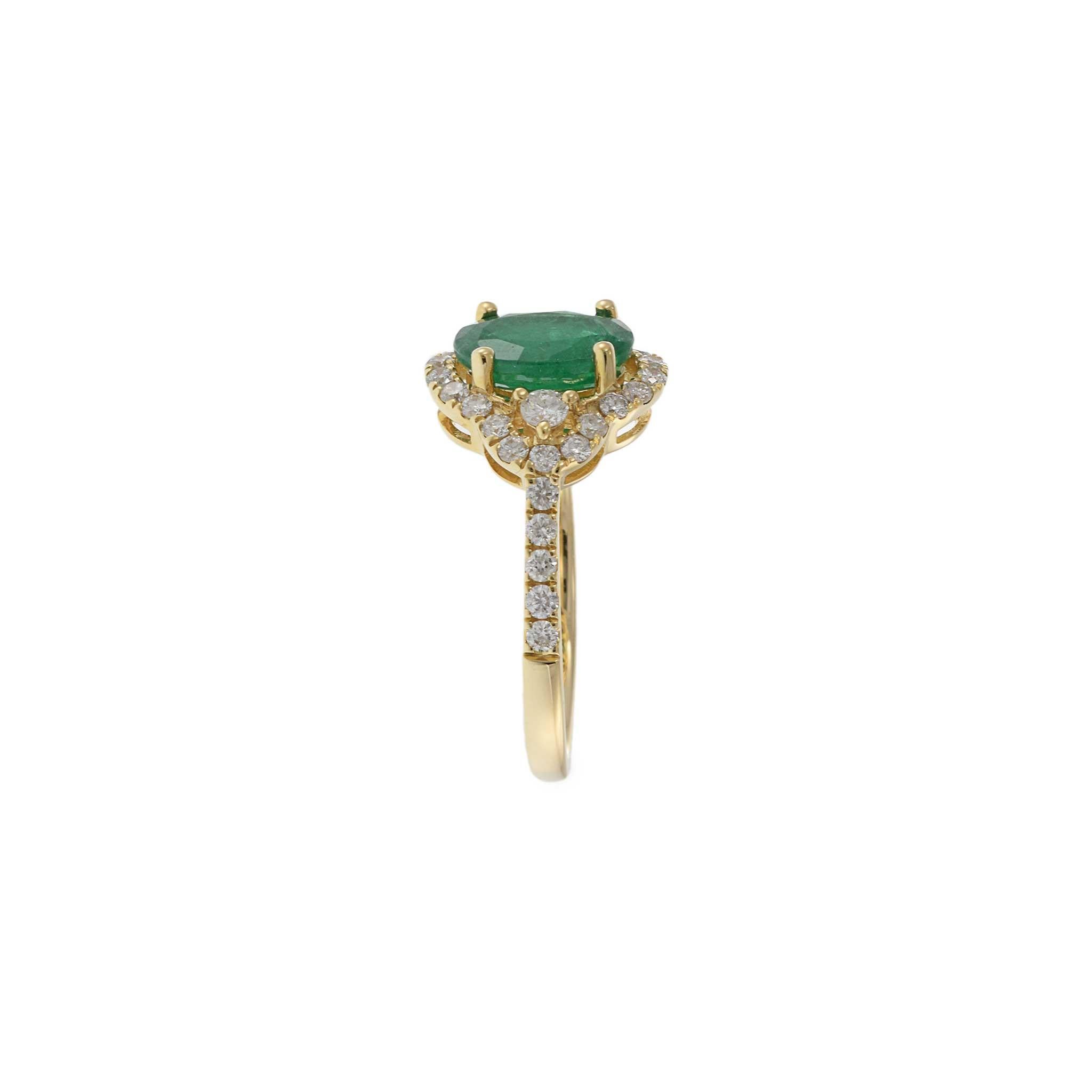 Modern 14KT Yellow Gold Oval Cut Emerald and Diamond Halo Ring For Sale