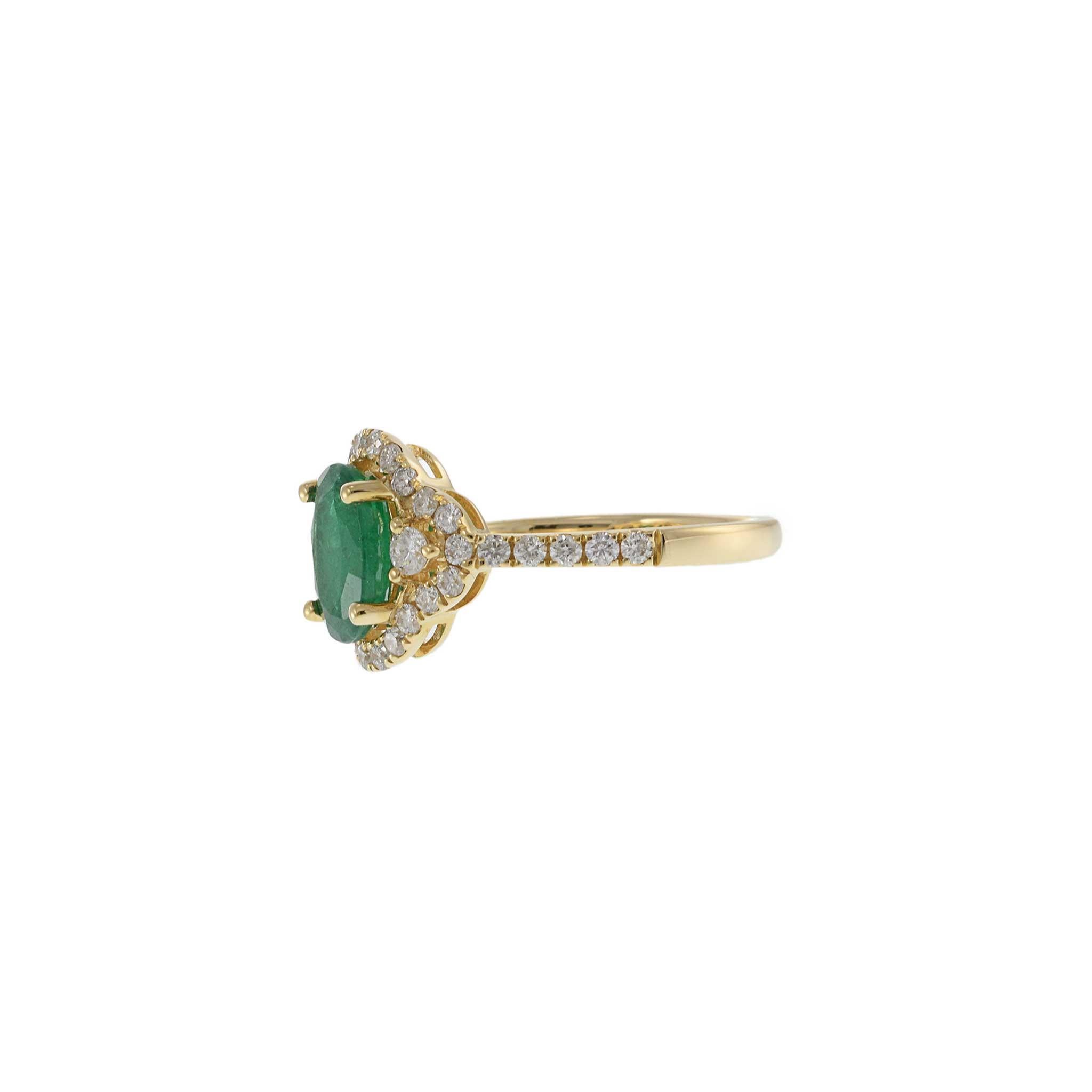 Women's 14KT Yellow Gold Oval Cut Emerald and Diamond Halo Ring For Sale