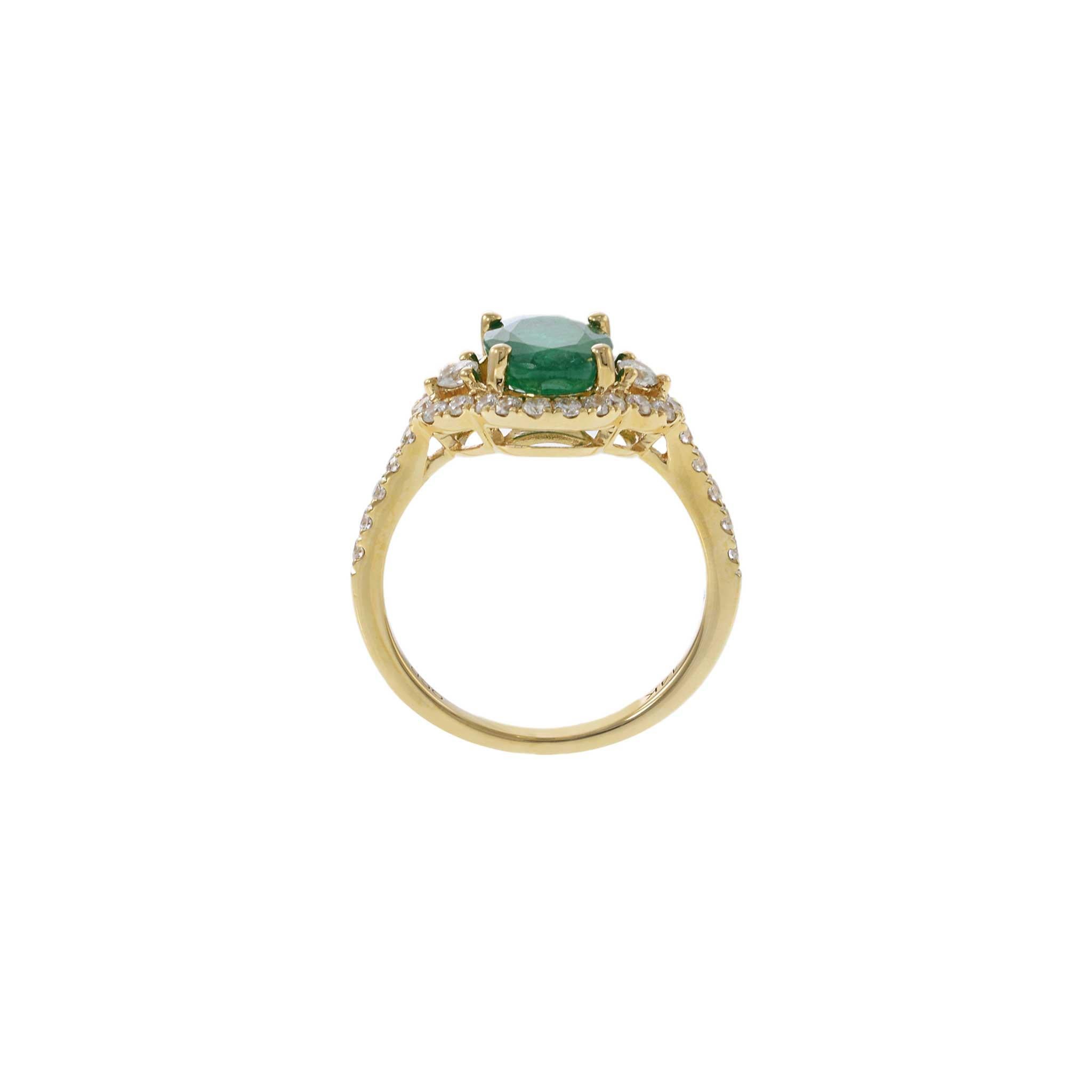 14KT Yellow Gold Oval Cut Emerald and Diamond Halo Ring For Sale 1