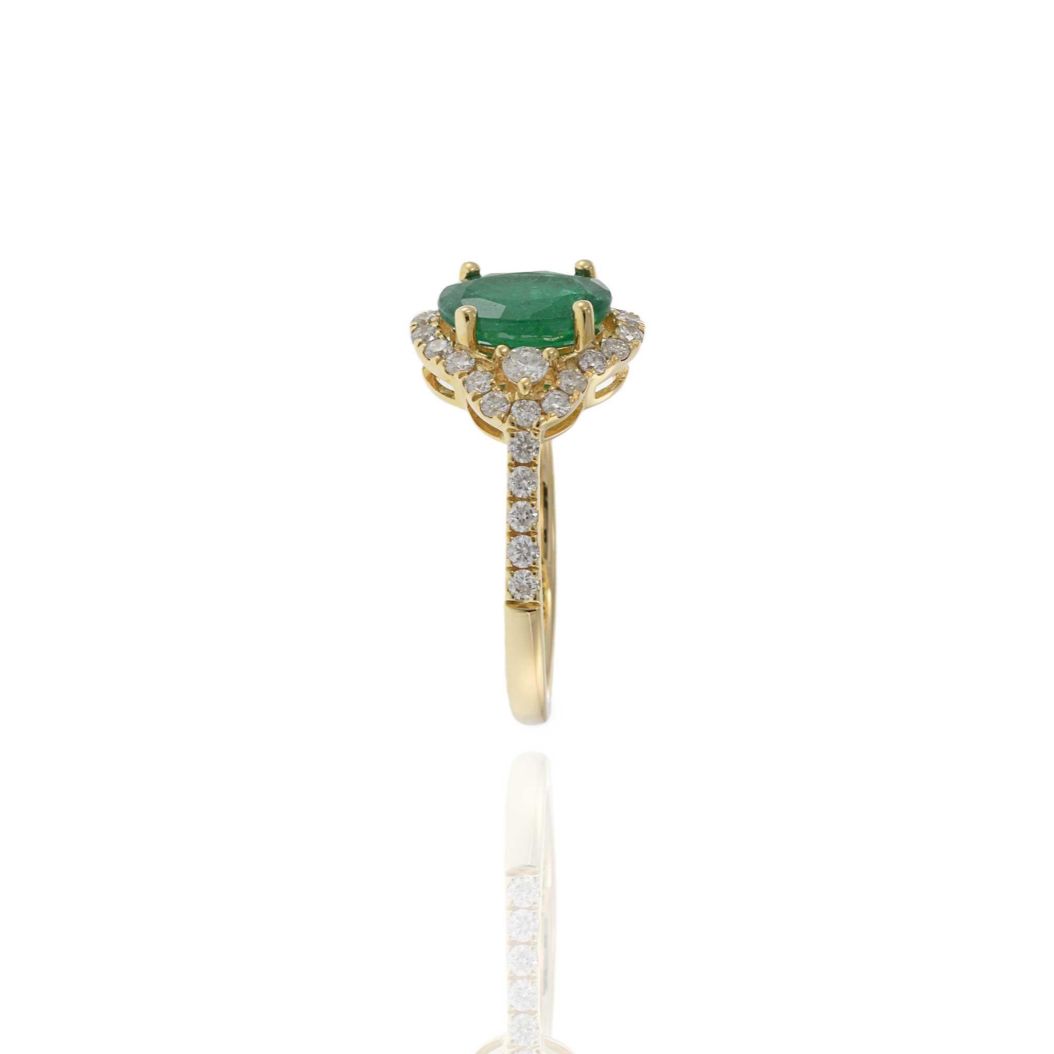 14KT Yellow Gold Oval Cut Emerald and Diamond Halo Ring For Sale 2