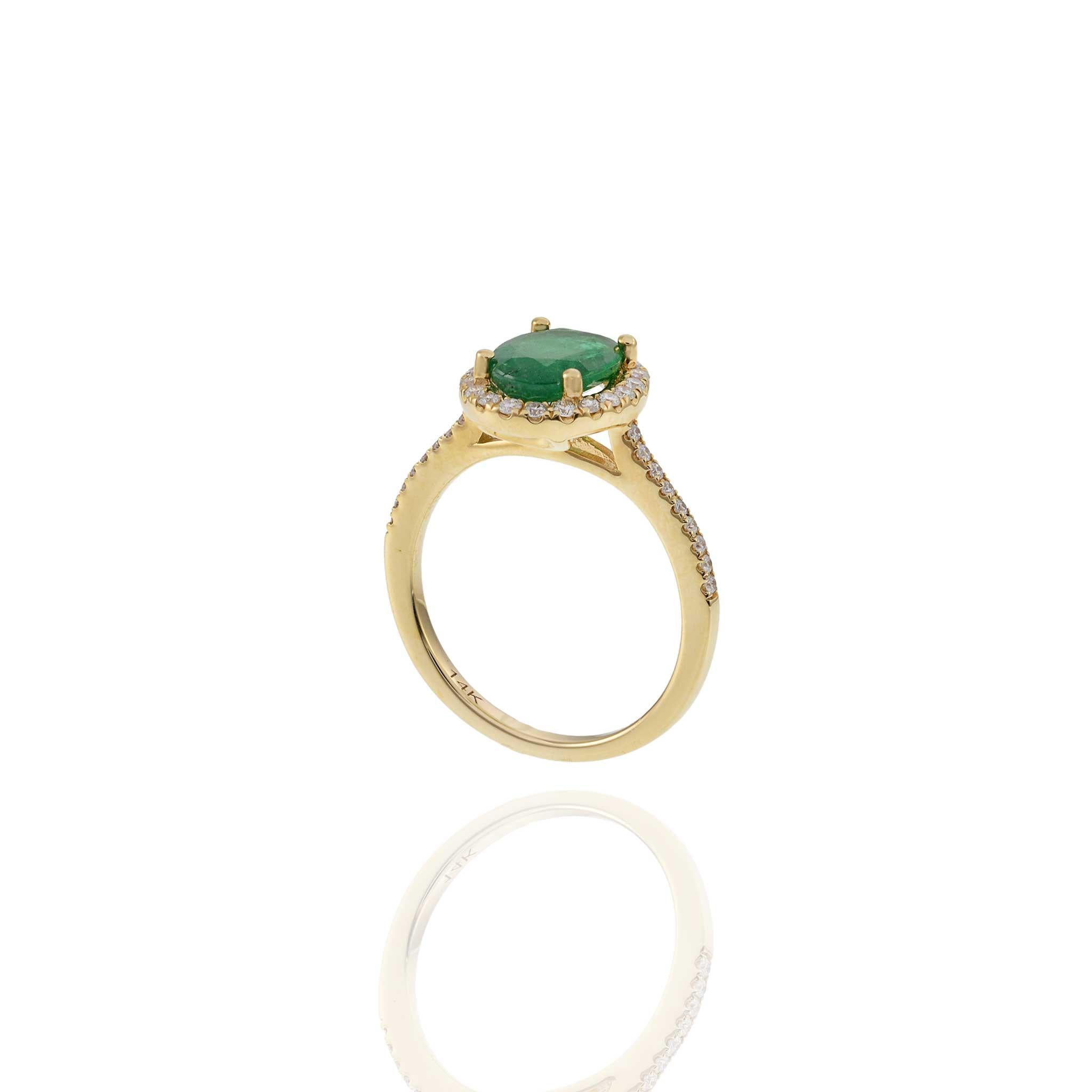 14KT Yellow Gold Oval Cut Emerald and Diamond Halo Ring 3