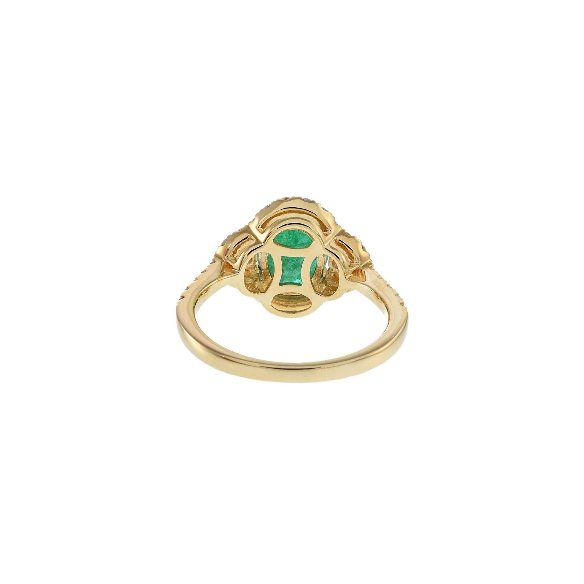 14KT Yellow Gold Oval Cut Emerald and Diamond Halo Ring For Sale 4