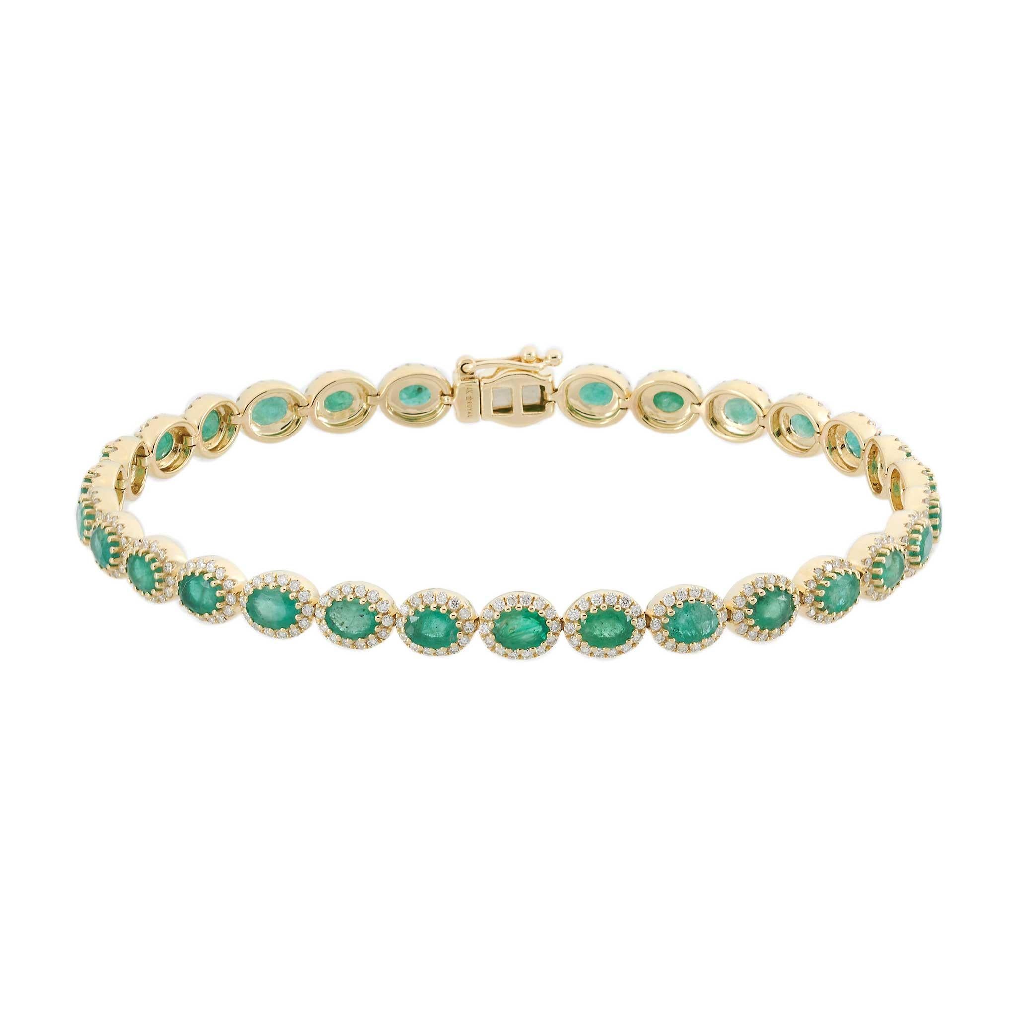 Bracelet de tennis en or jaune 14KT avec émeraudes et diamants de taille ovale Neuf - En vente à New York, NY