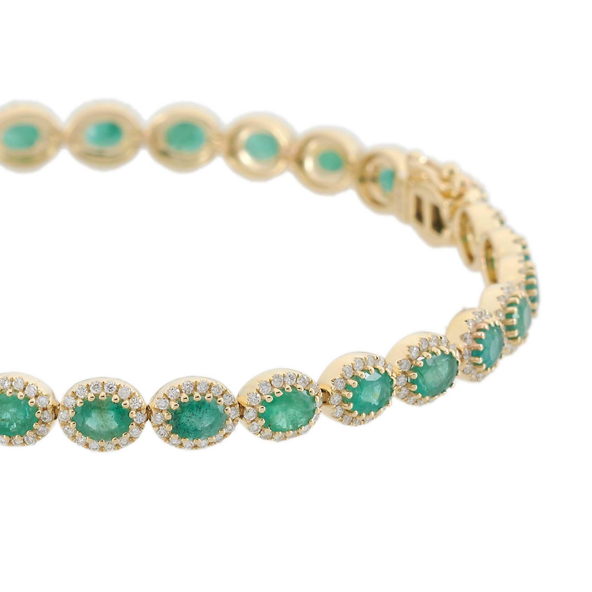 Bracelet de tennis en or jaune 14KT avec émeraudes et diamants de taille ovale Pour femmes en vente