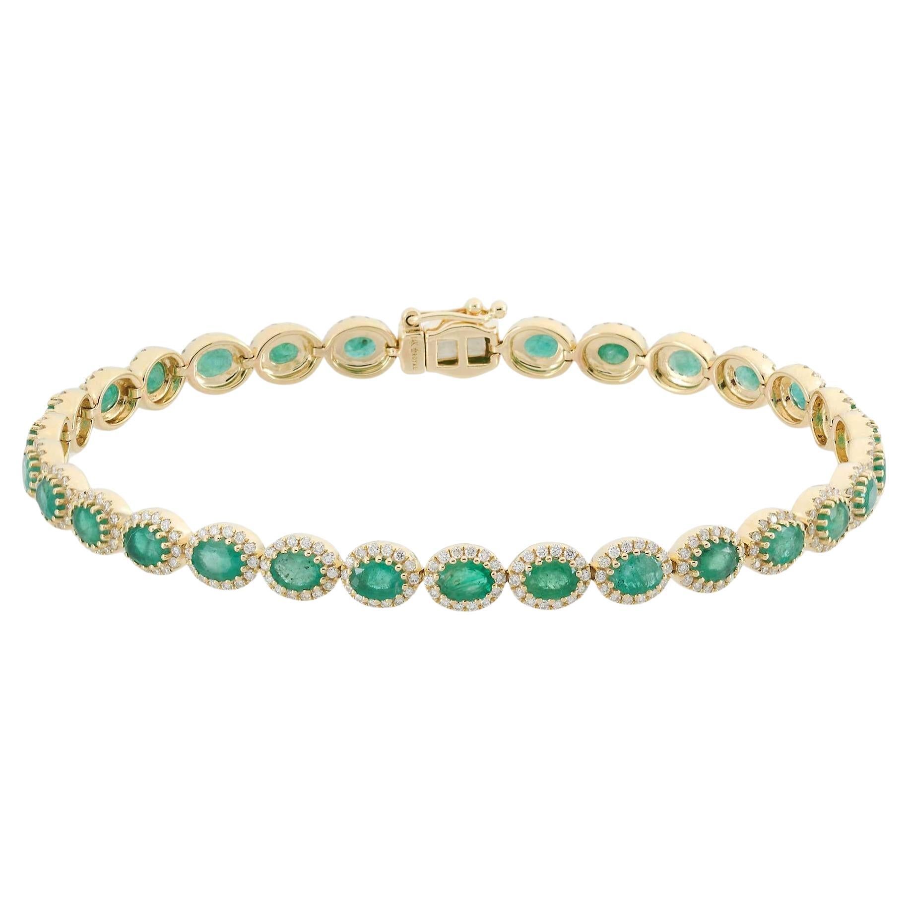 Bracelet de tennis en or jaune 14KT avec émeraudes et diamants de taille ovale en vente
