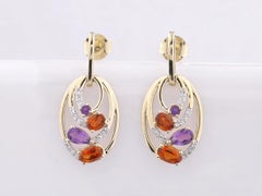 14KT Yellow Gold Oval Dangle Earrings with Amethyst, Citrine, and Diamonds