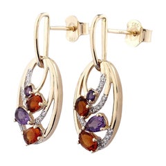 14KT Yellow Gold Oval Dangle Earrings with Amethyst, Citrine, and Diamonds