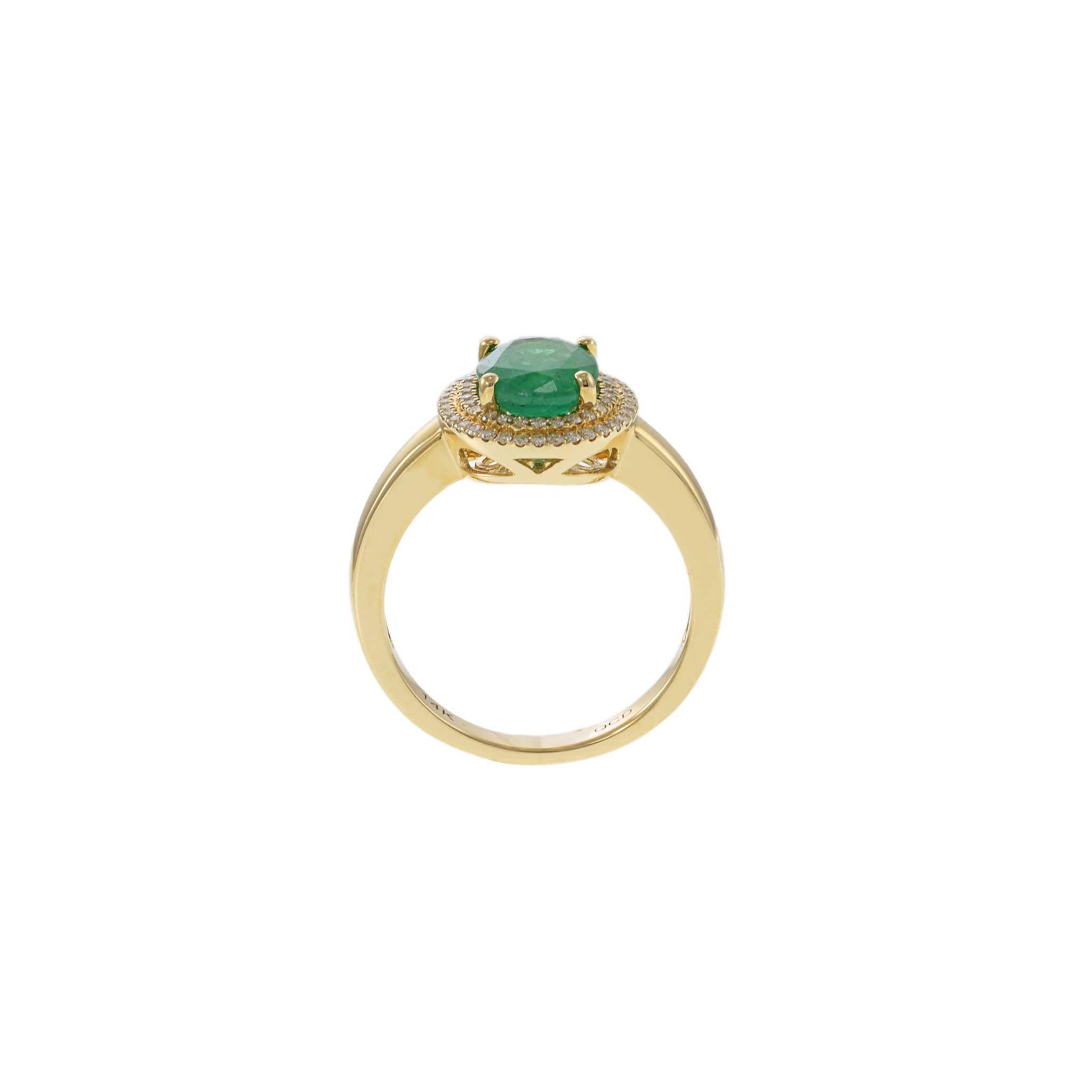Modern 14KT Yellow Gold Oval Emerald with Round Cut Diamond Double Halo Ring For Sale