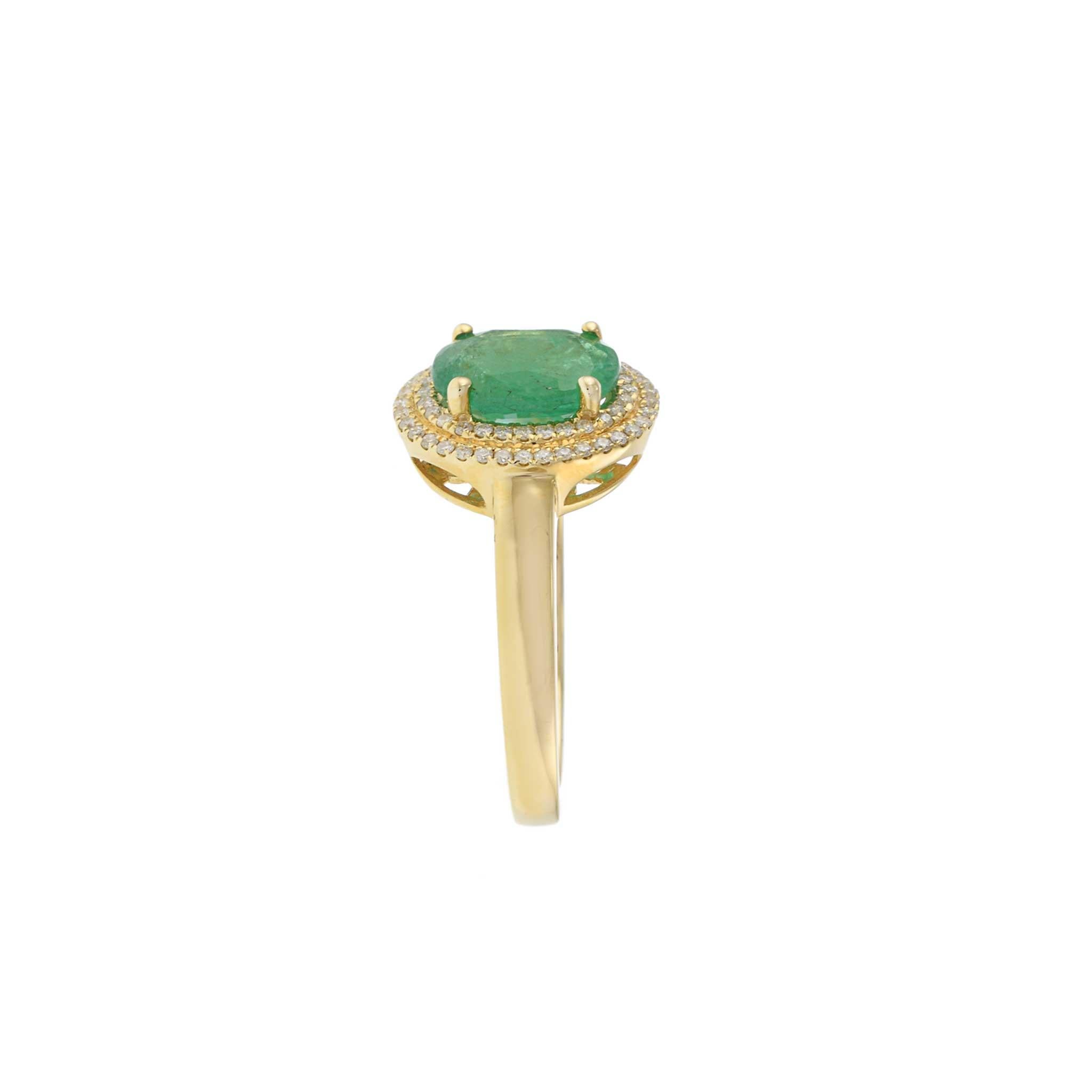 Oval Cut 14KT Yellow Gold Oval Emerald with Round Cut Diamond Double Halo Ring For Sale