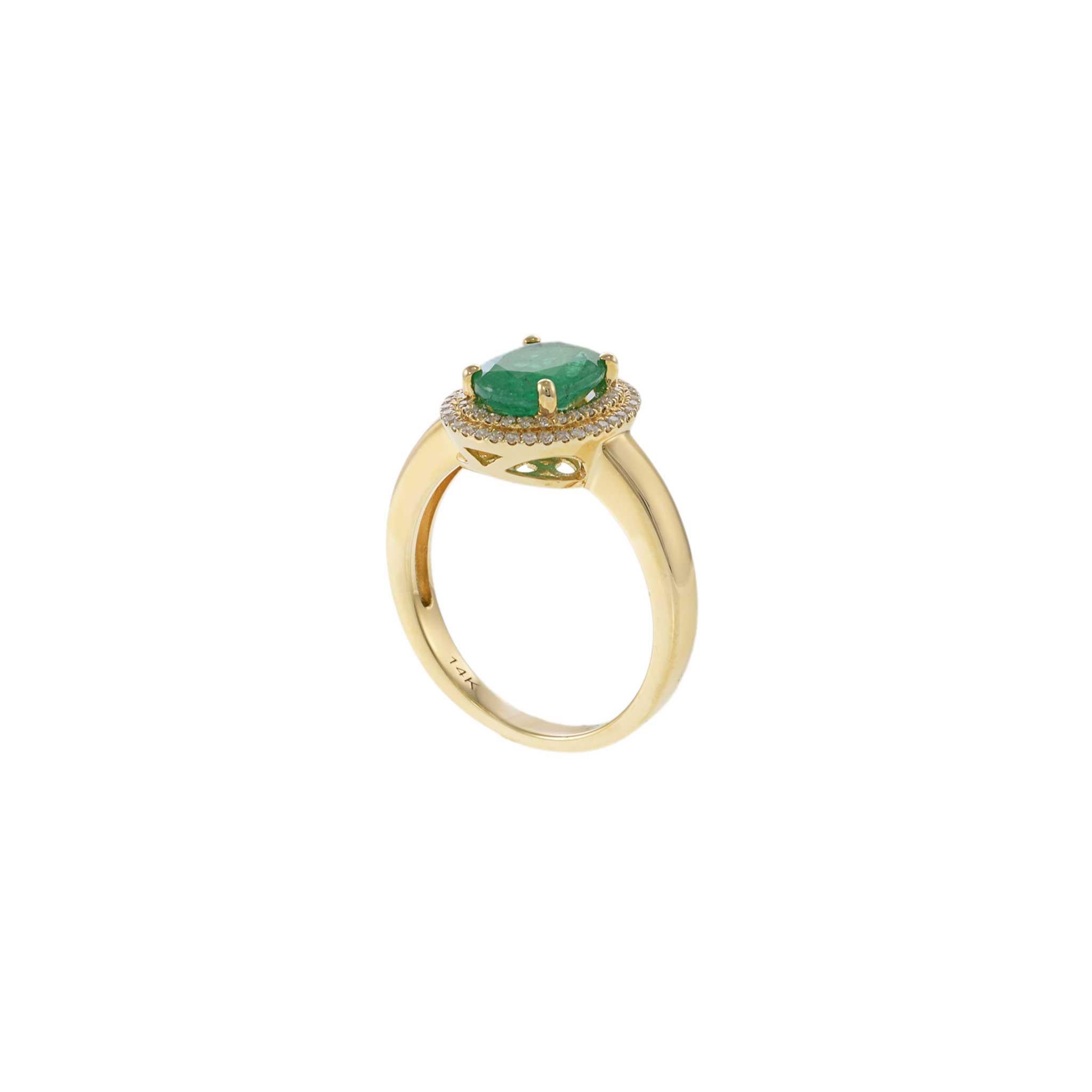 14KT Yellow Gold Oval Emerald with Round Cut Diamond Double Halo Ring In New Condition For Sale In New York, NY