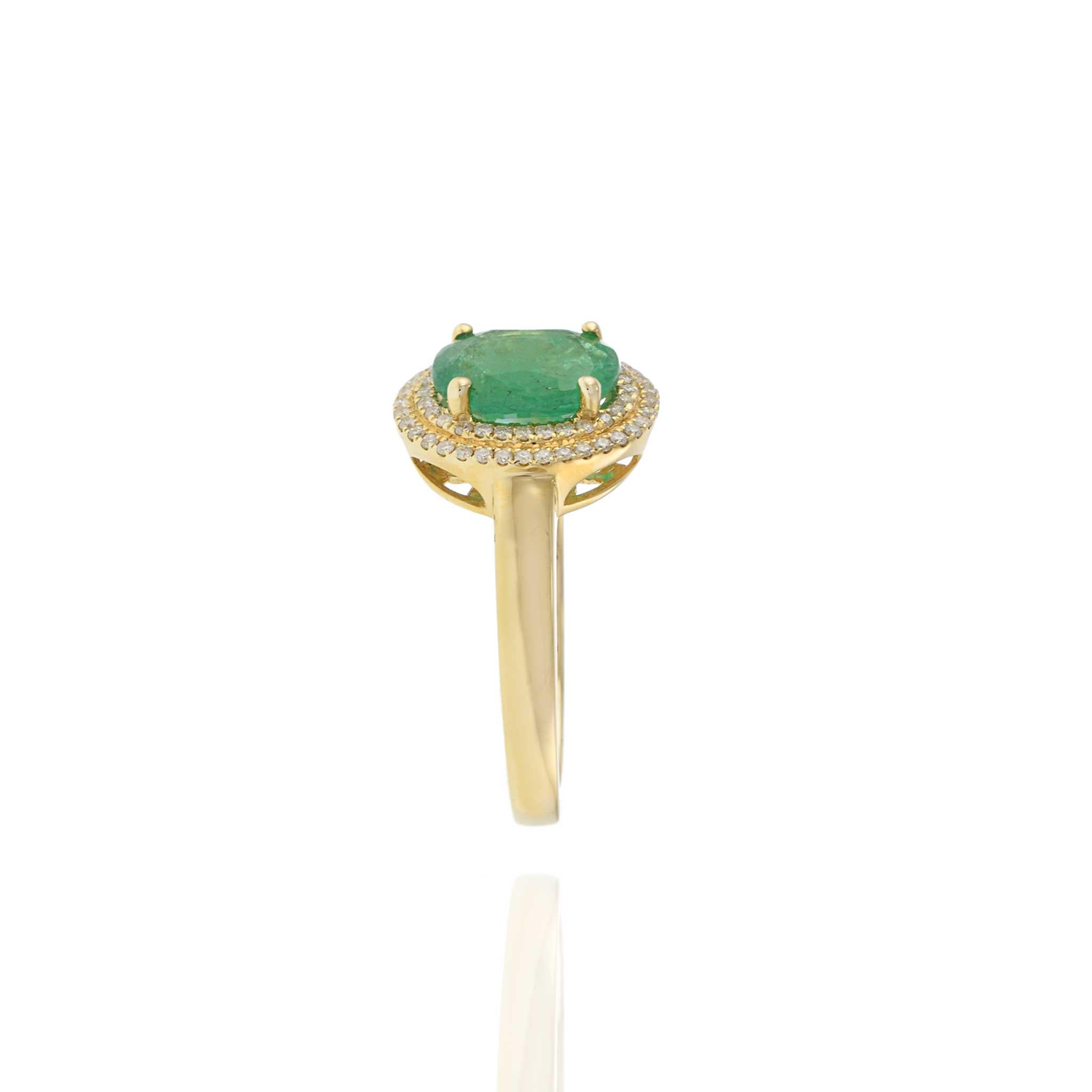 Women's 14KT Yellow Gold Oval Emerald with Round Cut Diamond Double Halo Ring For Sale