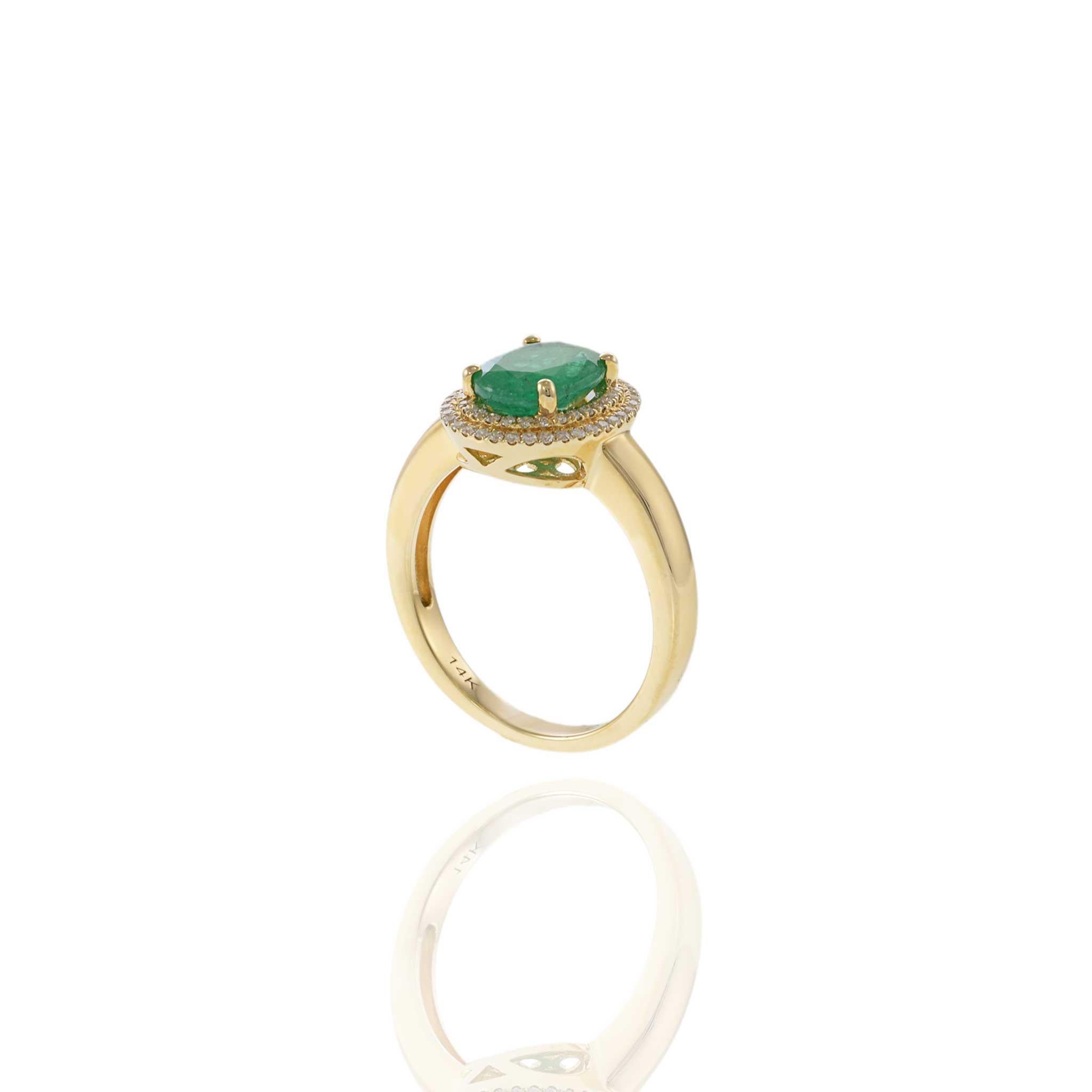 14KT Yellow Gold Oval Emerald with Round Cut Diamond Double Halo Ring For Sale 1