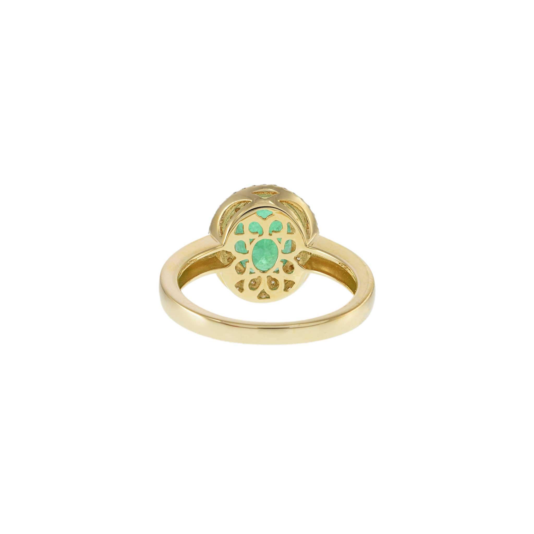 14KT Yellow Gold Oval Emerald with Round Cut Diamond Double Halo Ring For Sale 2