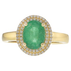 14KT Yellow Gold Oval Emerald with Round Cut Diamond Double Halo Ring