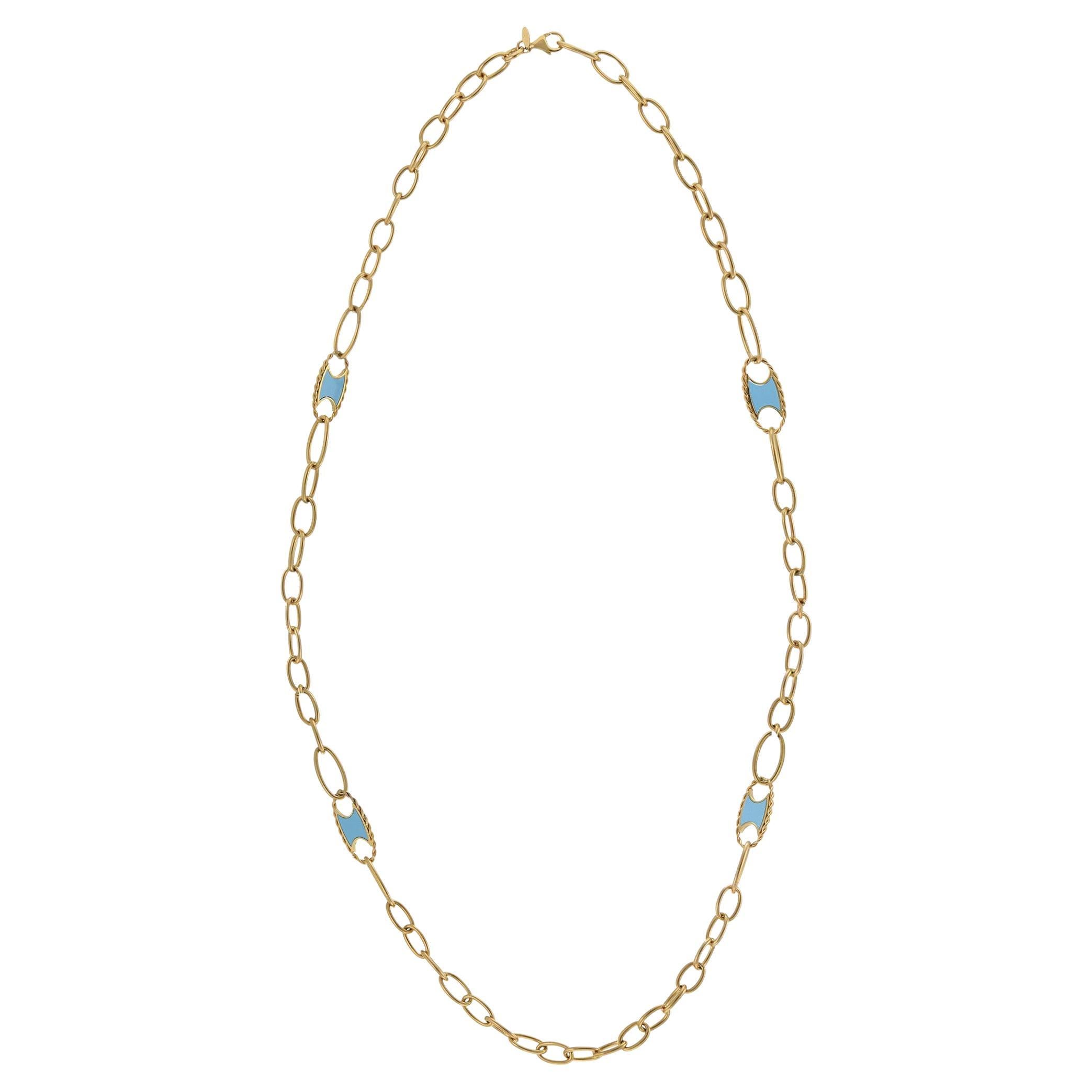 Collana A Link ovale in oro giallo 14KT con accenti in turchese in vendita