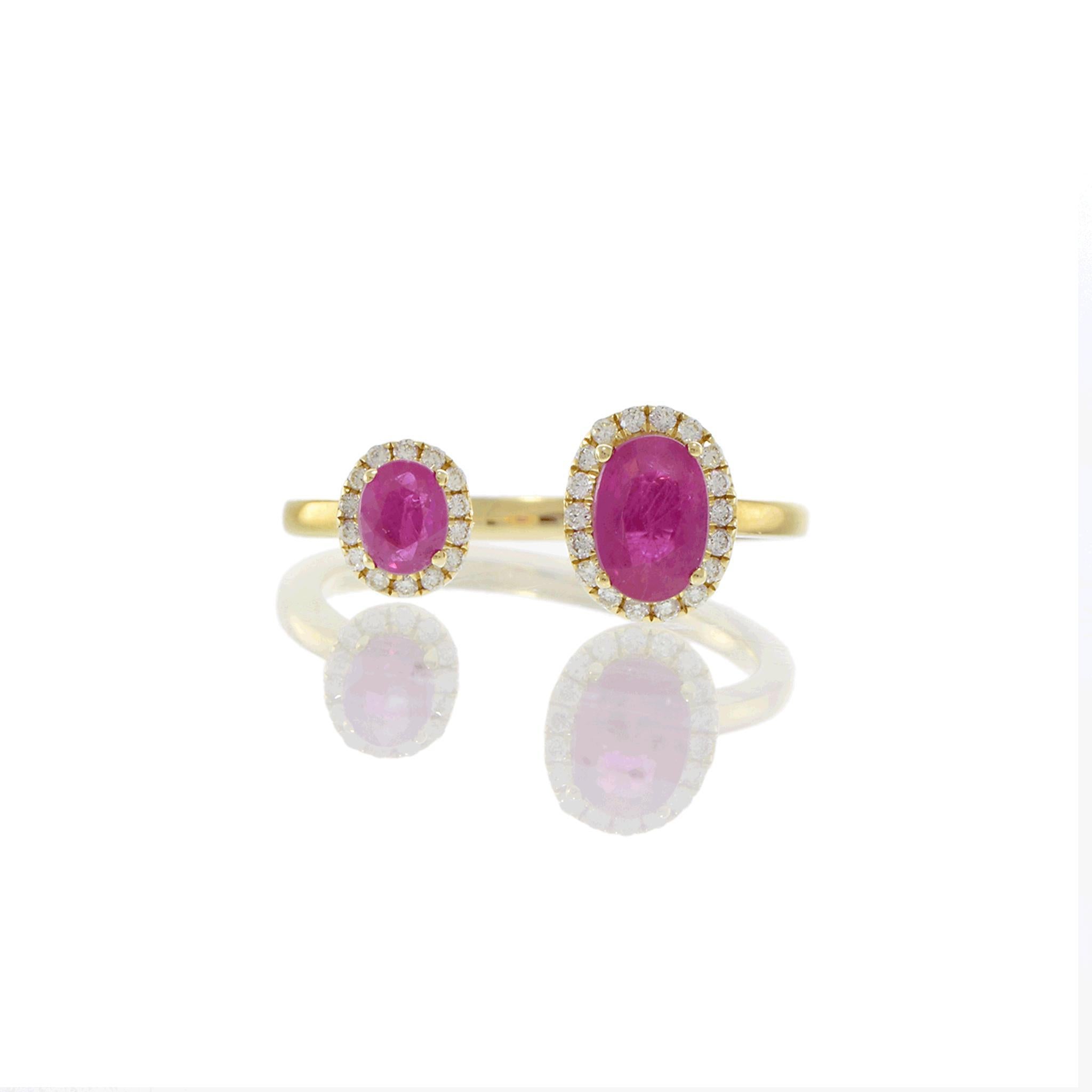 A beautifully designed 14KT yellow gold ring, featuring two oval-cut rubies totaling 0.76CT-TW, set in a flowing, asymmetrical design. The vibrant red rubies are complemented by 0.11CT-TW of round-cut diamonds (G-H/SI clarity), adding sparkle and