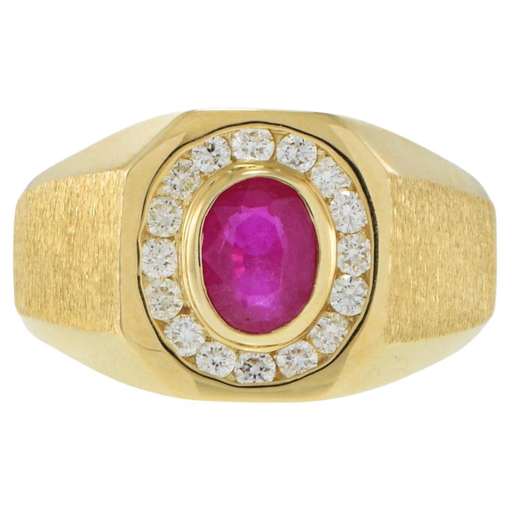 14KT Yellow Gold Oval Ruby and Diamond Satin Finish Men’s Ring For Sale