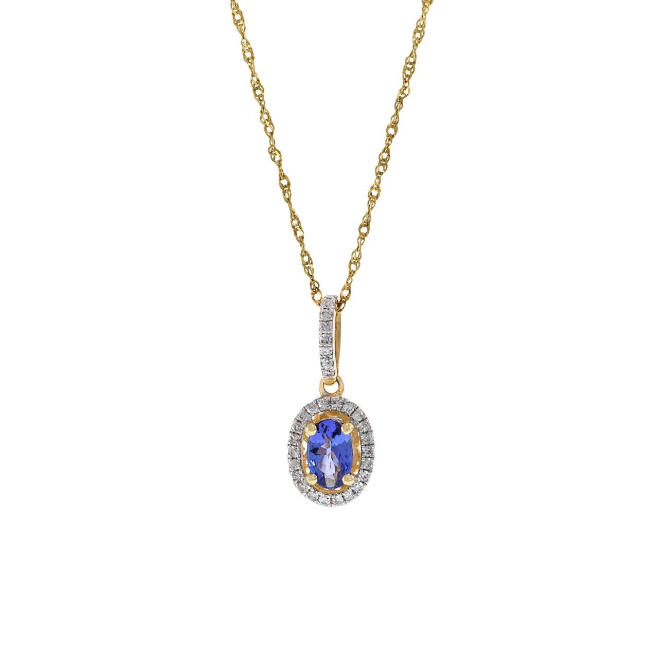 Ti presentiamo il nostro splendido ciondolo con diamante aureolato in oro giallo 14KT con catena. Questo squisito pezzo presenta una tanzanite brillante di taglio ovale del peso di 0,52 carati, elegantemente circondata da un'aureola di scintillanti