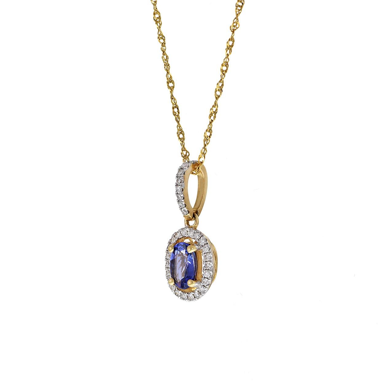 Moderno Ciondolo ovale in oro giallo 14KT con tanzanite e diamante in vendita