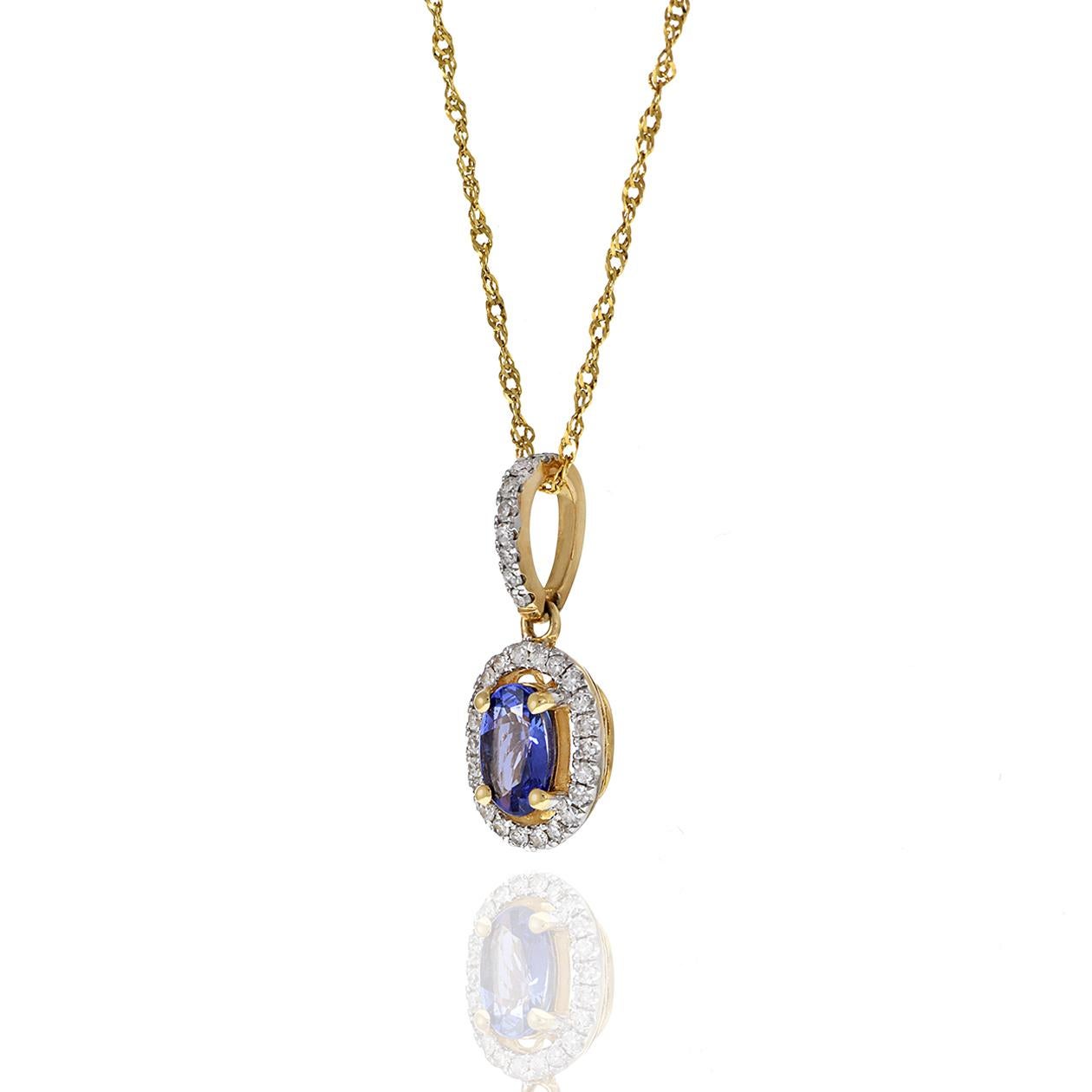Donna Ciondolo ovale in oro giallo 14KT con tanzanite e diamante in vendita