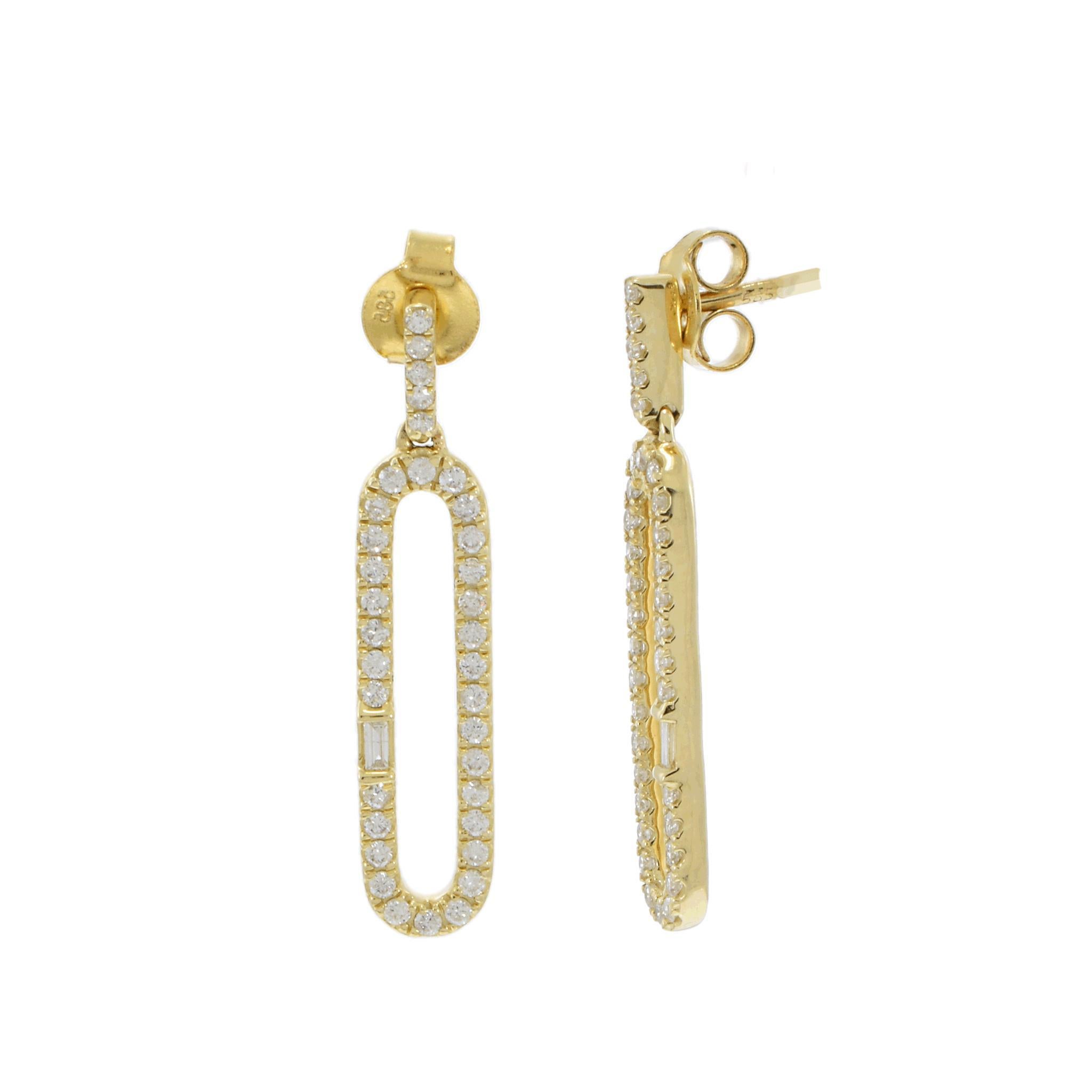 Taille ronde Boucles d'oreilles Paperclip en or jaune 14KT avec diamants en vente