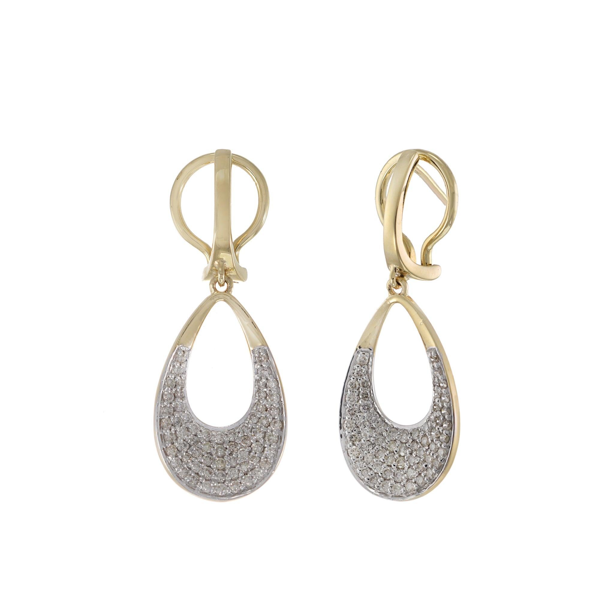 Moderno Orecchini a goccia in oro giallo 14KT con pavé di diamanti in vendita