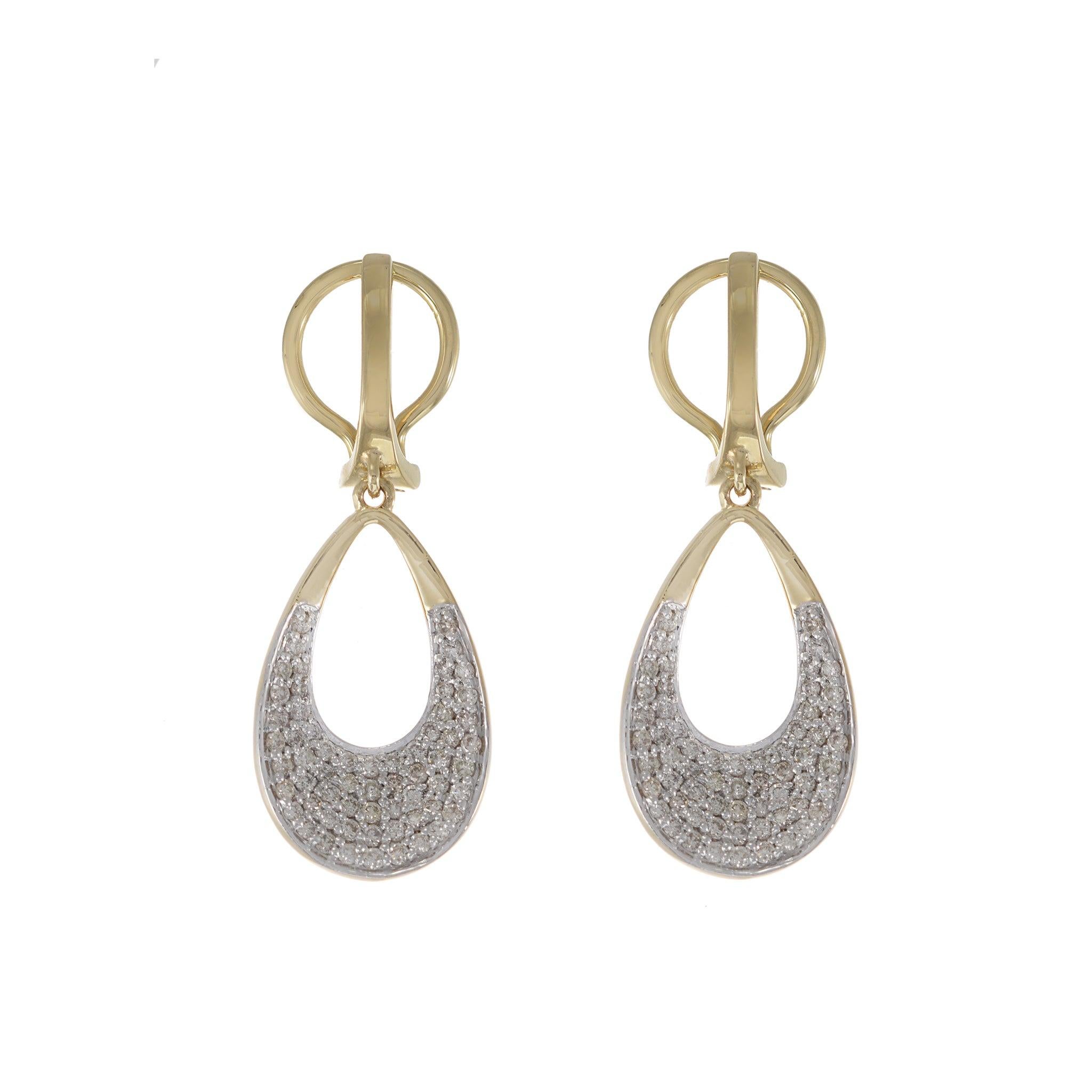 Taglio rotondo Orecchini a goccia in oro giallo 14KT con pavé di diamanti in vendita
